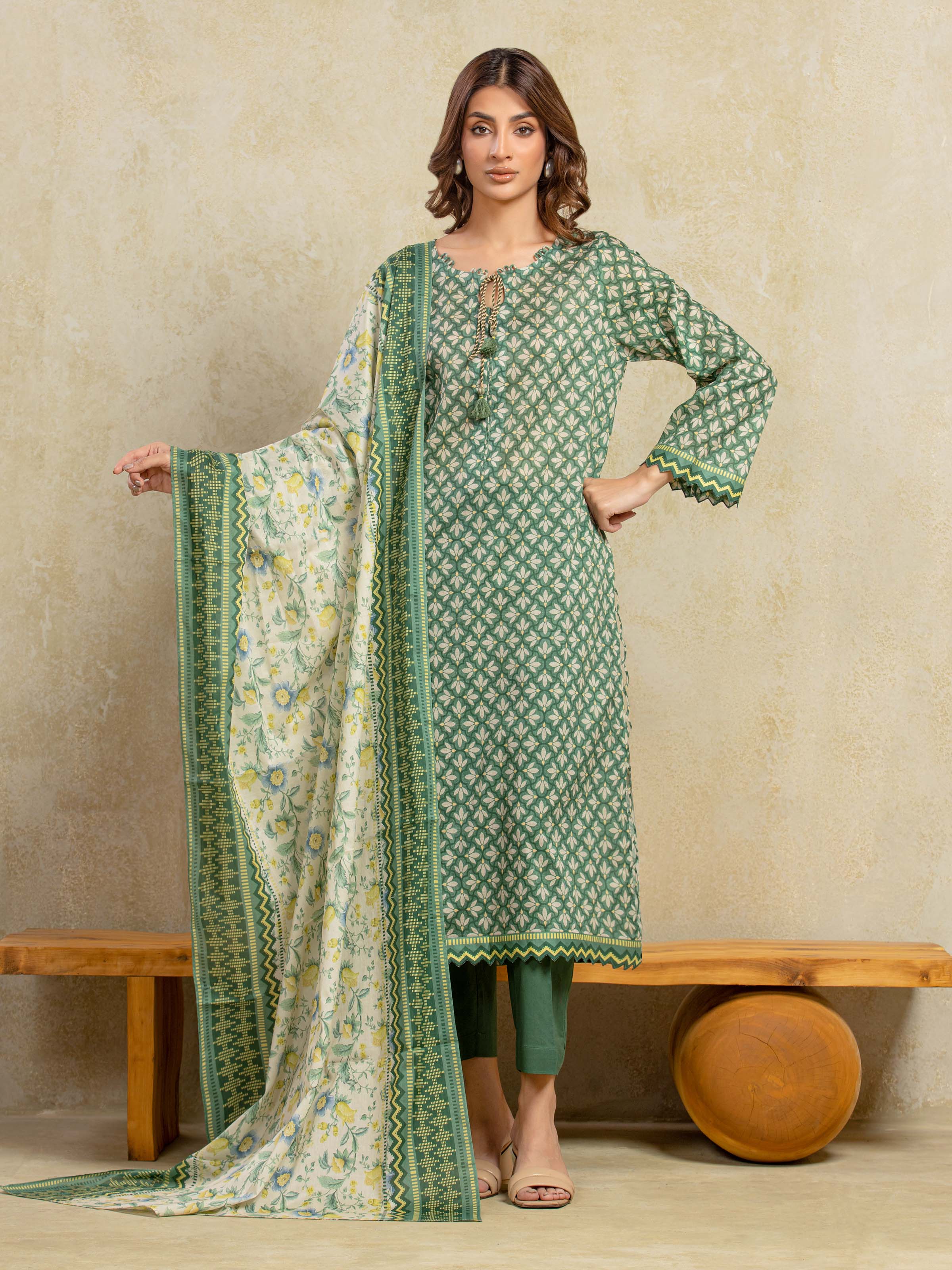 URB Unstitched Green Printed Khaddar 3 Piece