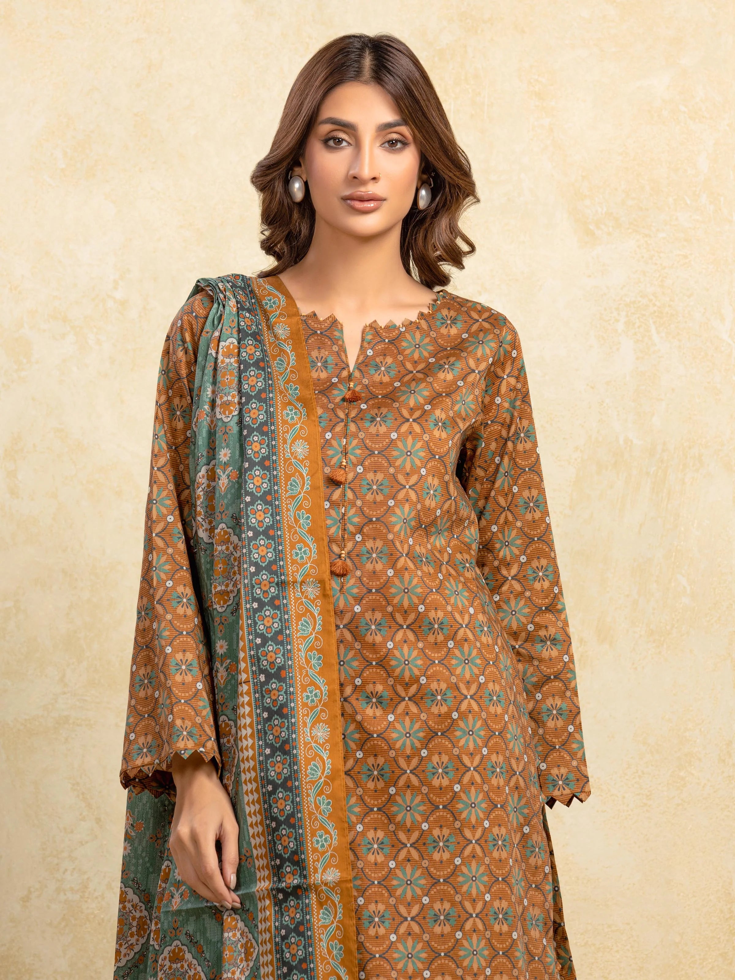 URB Unstitched Mustard Printed Khaddar 3 Piece