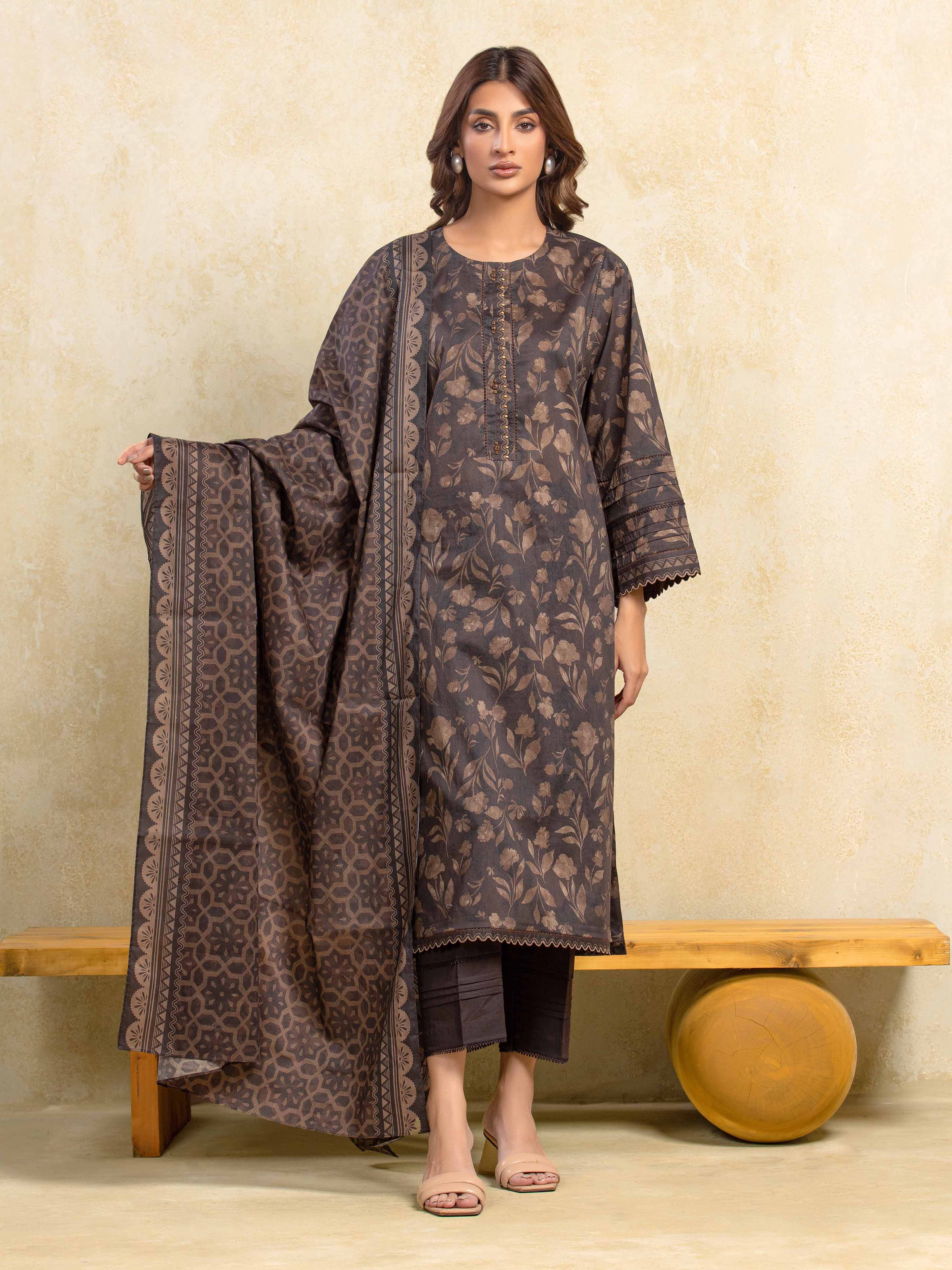 URB Unstitched Dark Brown Printed Khaddar 3 Piece
