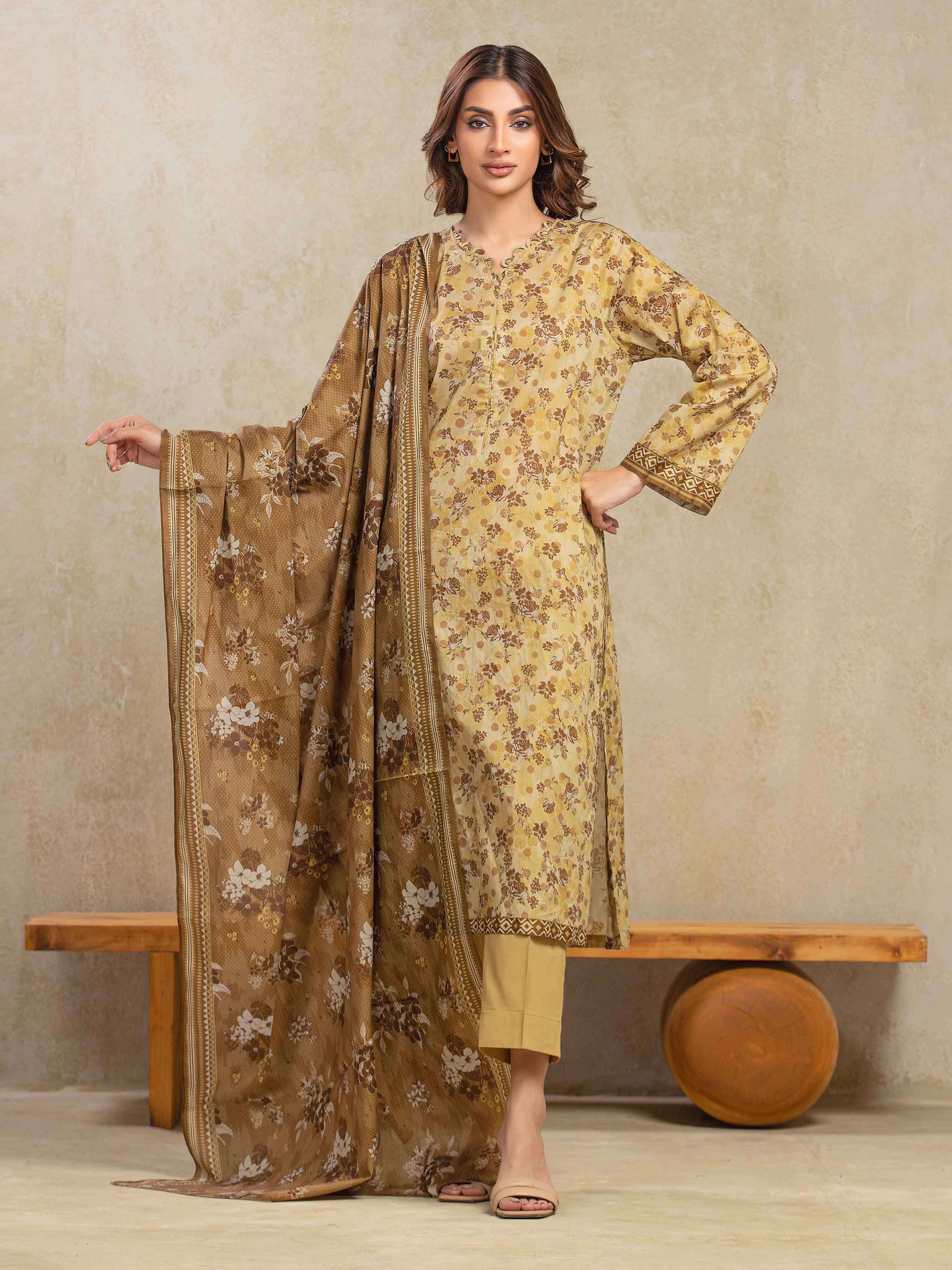 URB Unstitched Light Gold Printed Khaddar 3 Piece