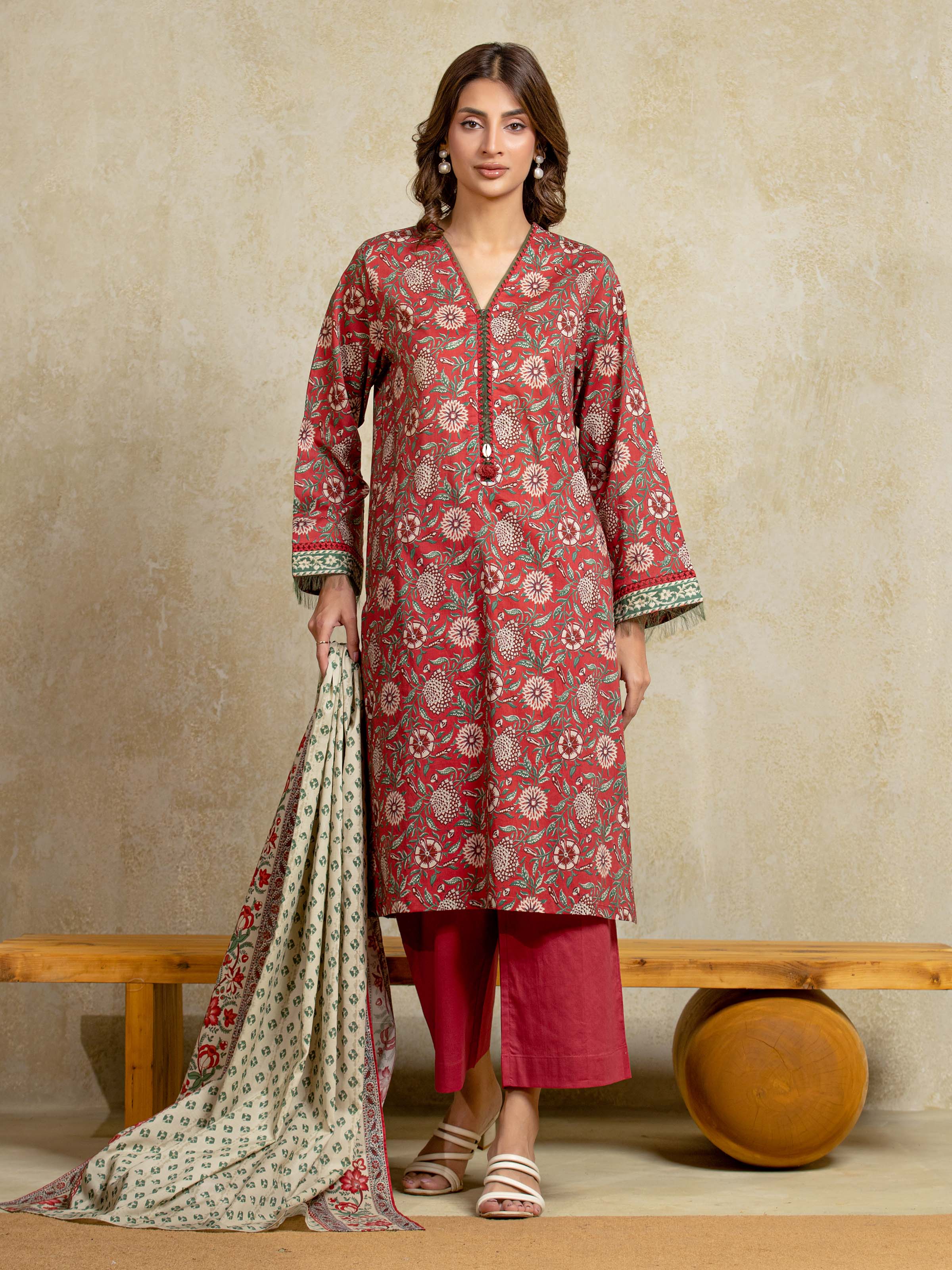 URB Unstitched Red Printed Khaddar 3 Piece