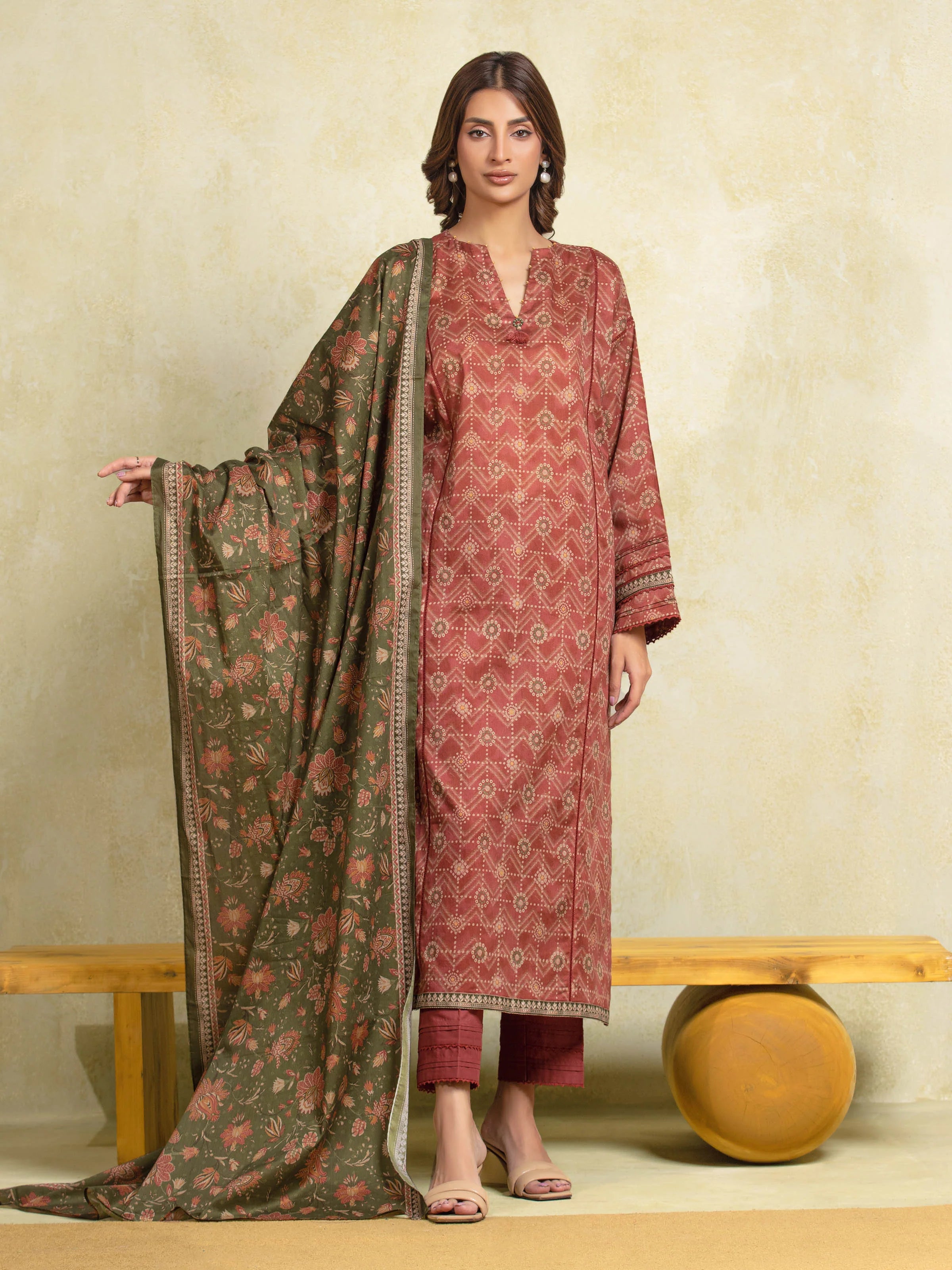 URB Unstitched Light Maroon Printed Khaddar 3 Piece
