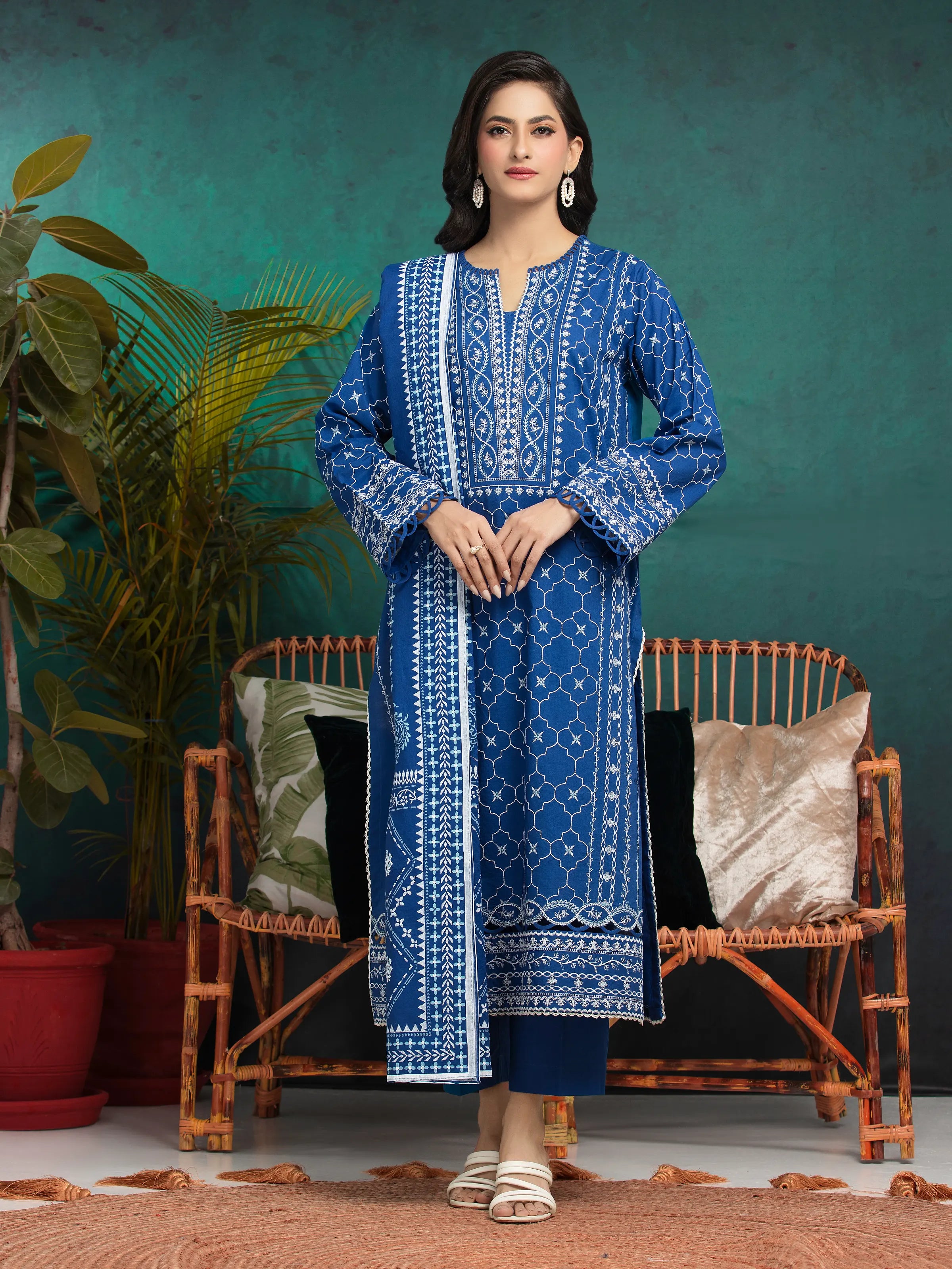 URB Unstitched Royal Blue Embroidered Cambric 3 Piece