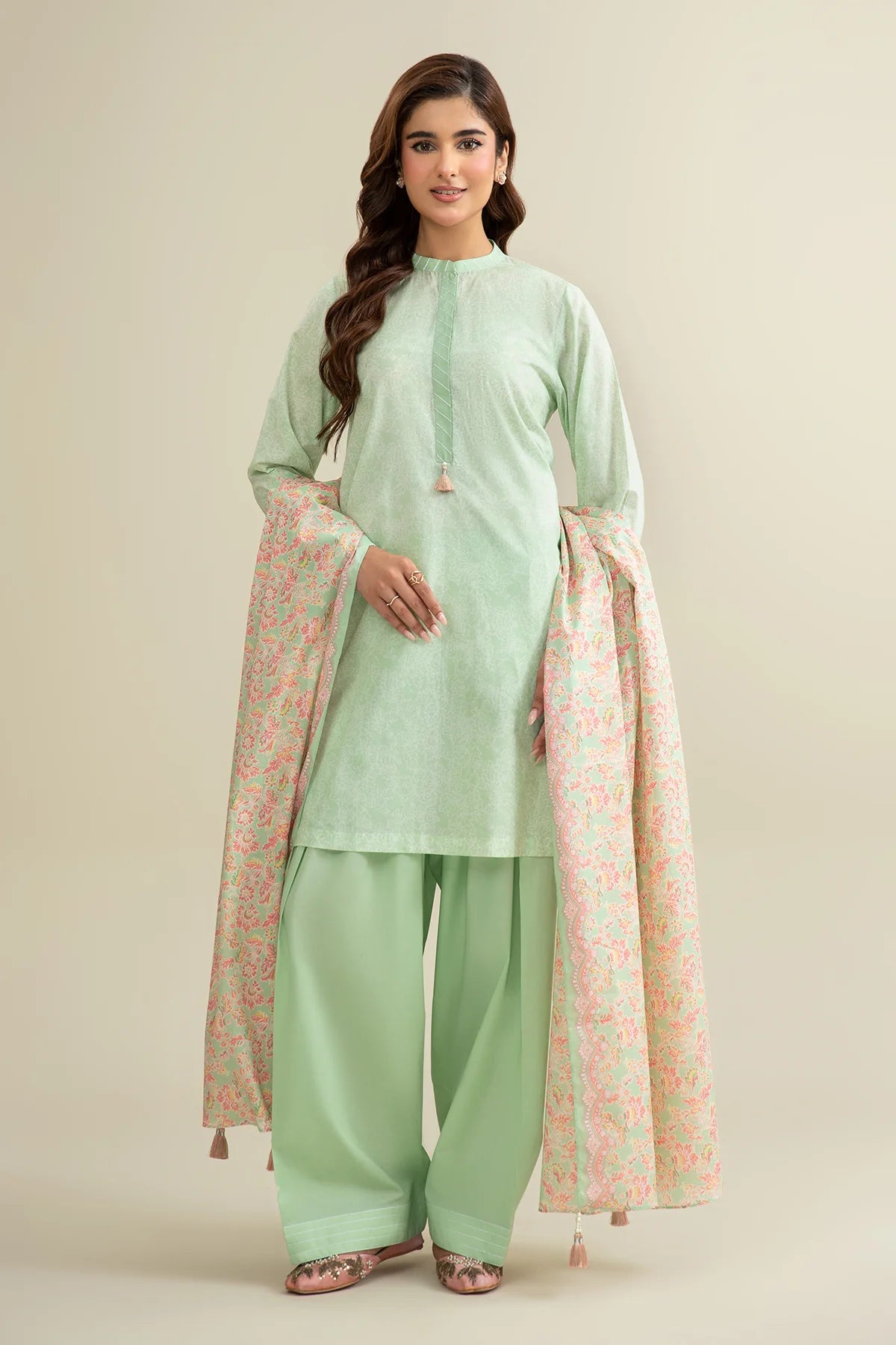 URB Green 3-Piece Unstitched Lawn Suit with Printed Dupatta