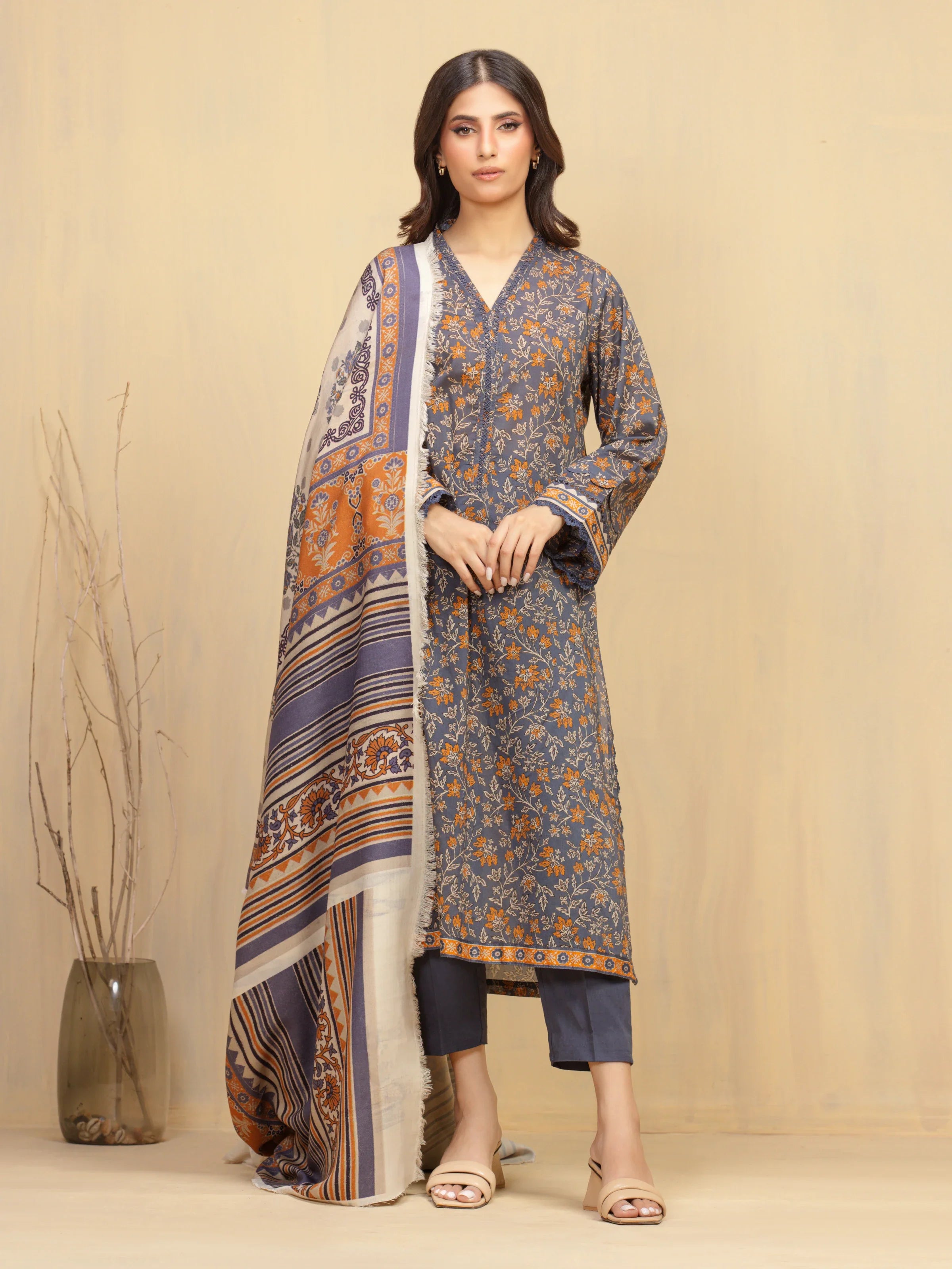 Unstitched Dark Grey Printed Khaddar 3 Piece