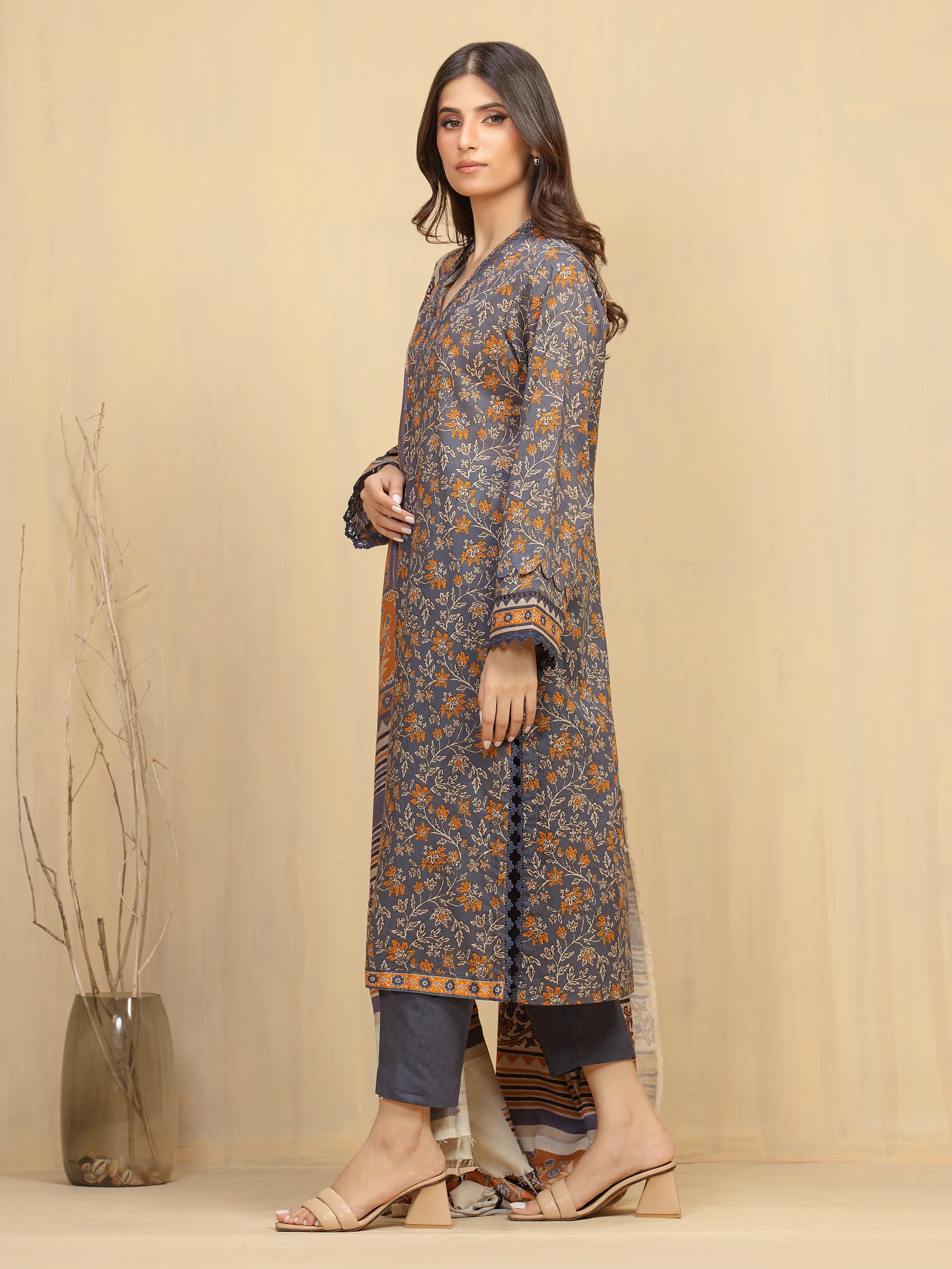 Unstitched Dark Grey Printed Khaddar 3 Piece
