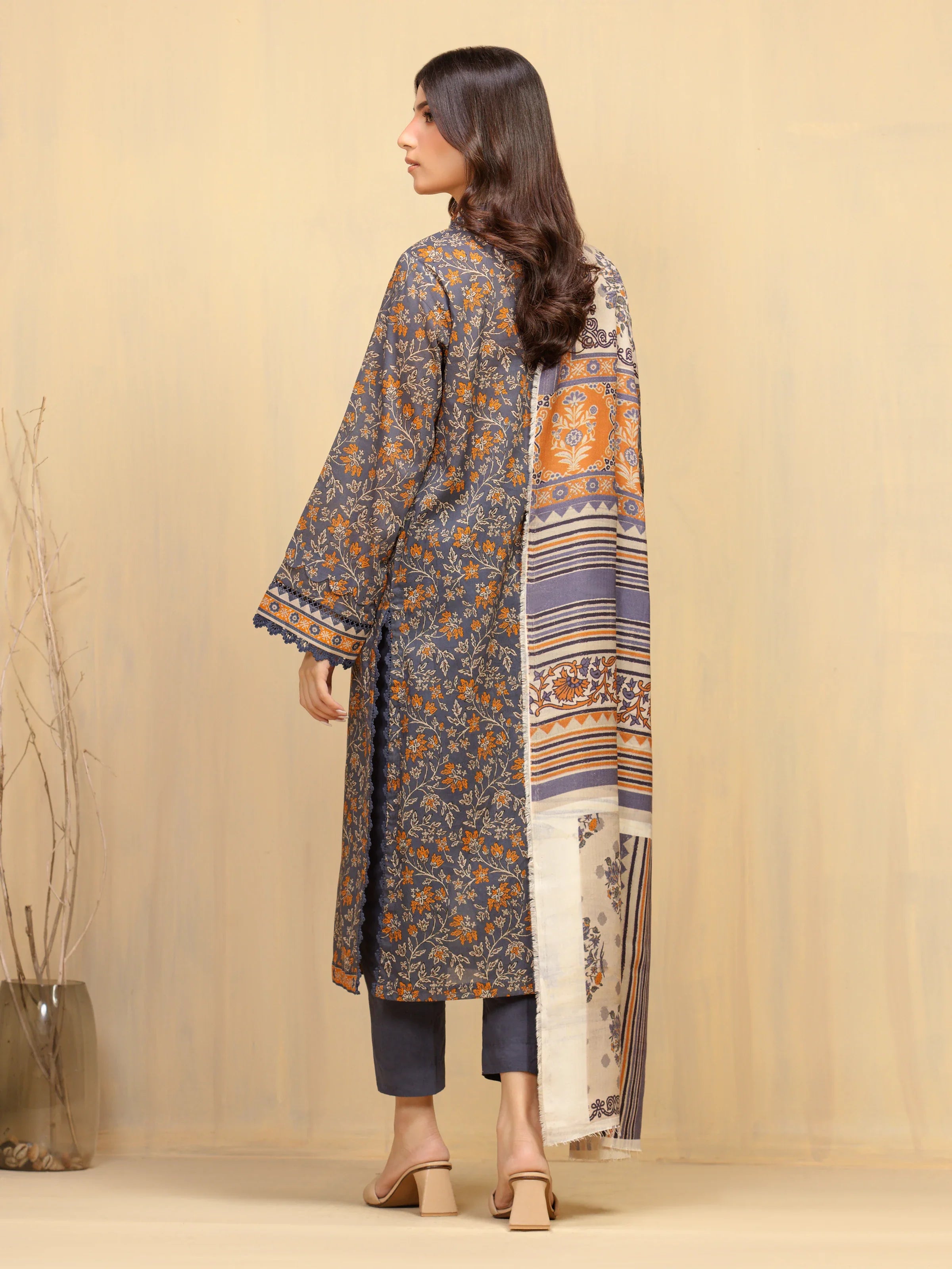 Unstitched Dark Grey Printed Khaddar 3 Piece