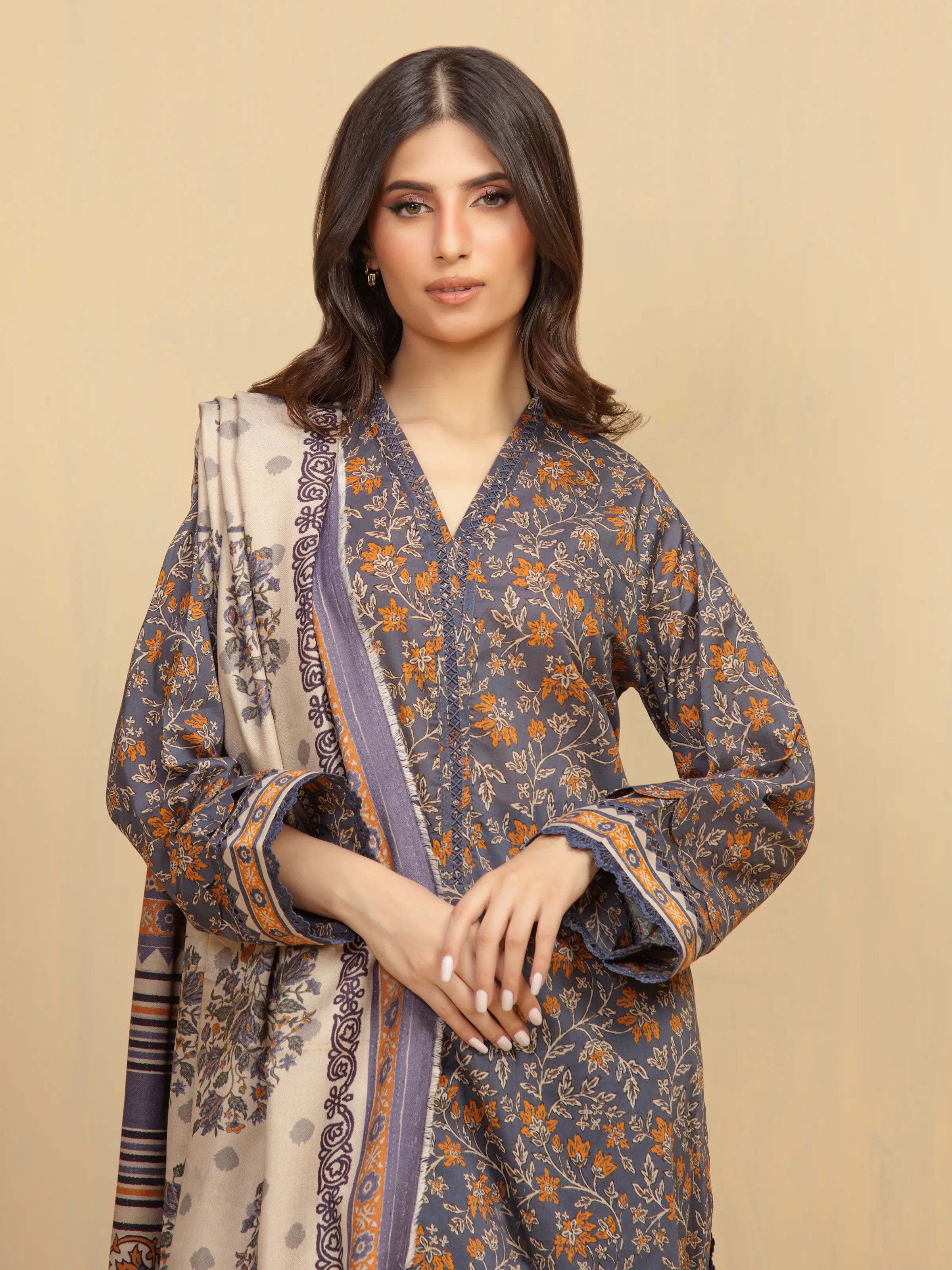Unstitched Dark Grey Printed Khaddar 3 Piece