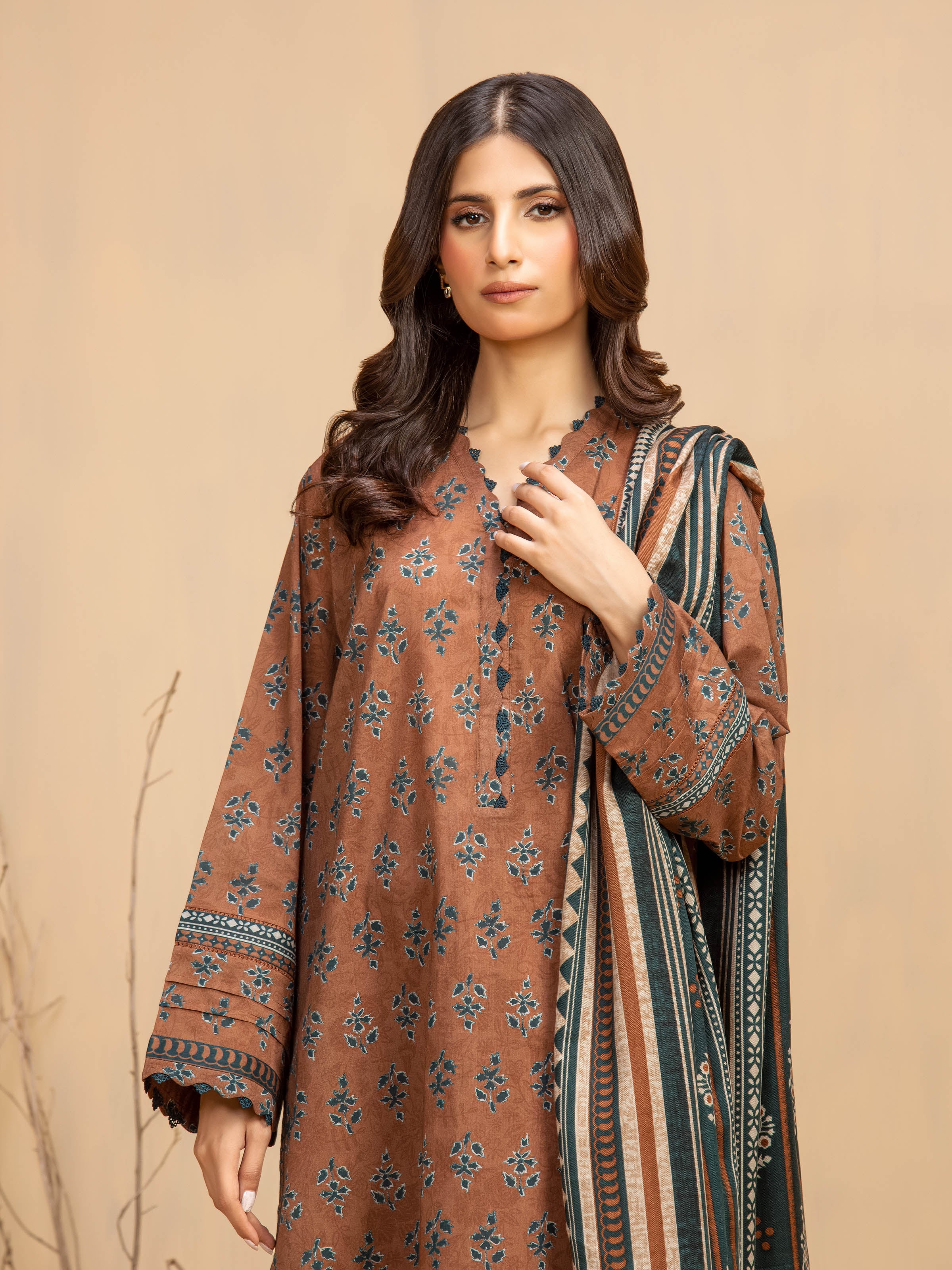 Unstitched Brown Printed Khaddar 3 Piece