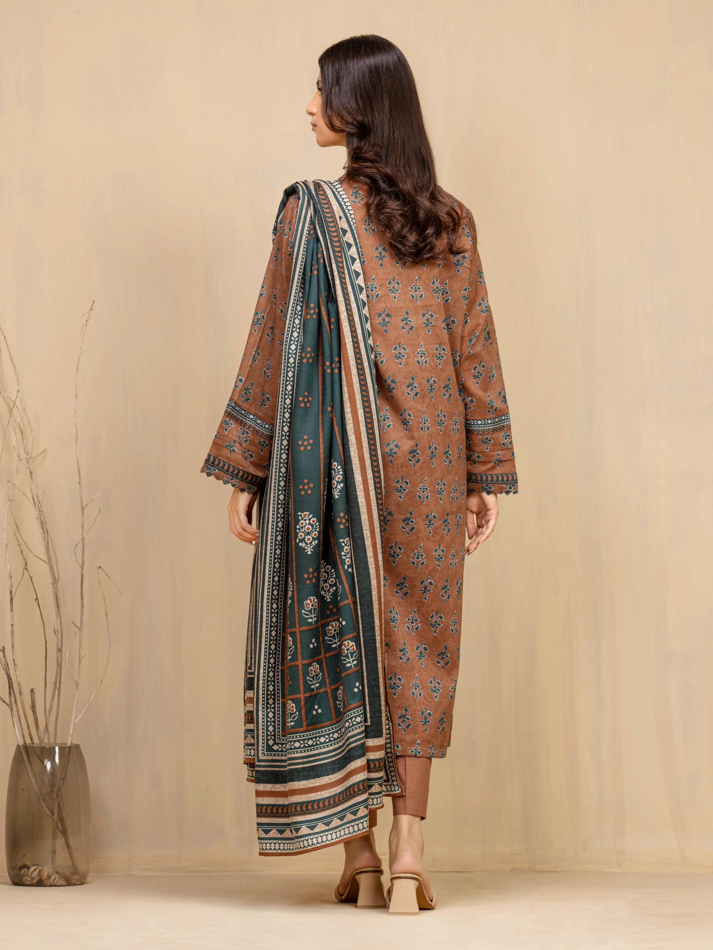 Unstitched Brown Printed Khaddar 3 Piece
