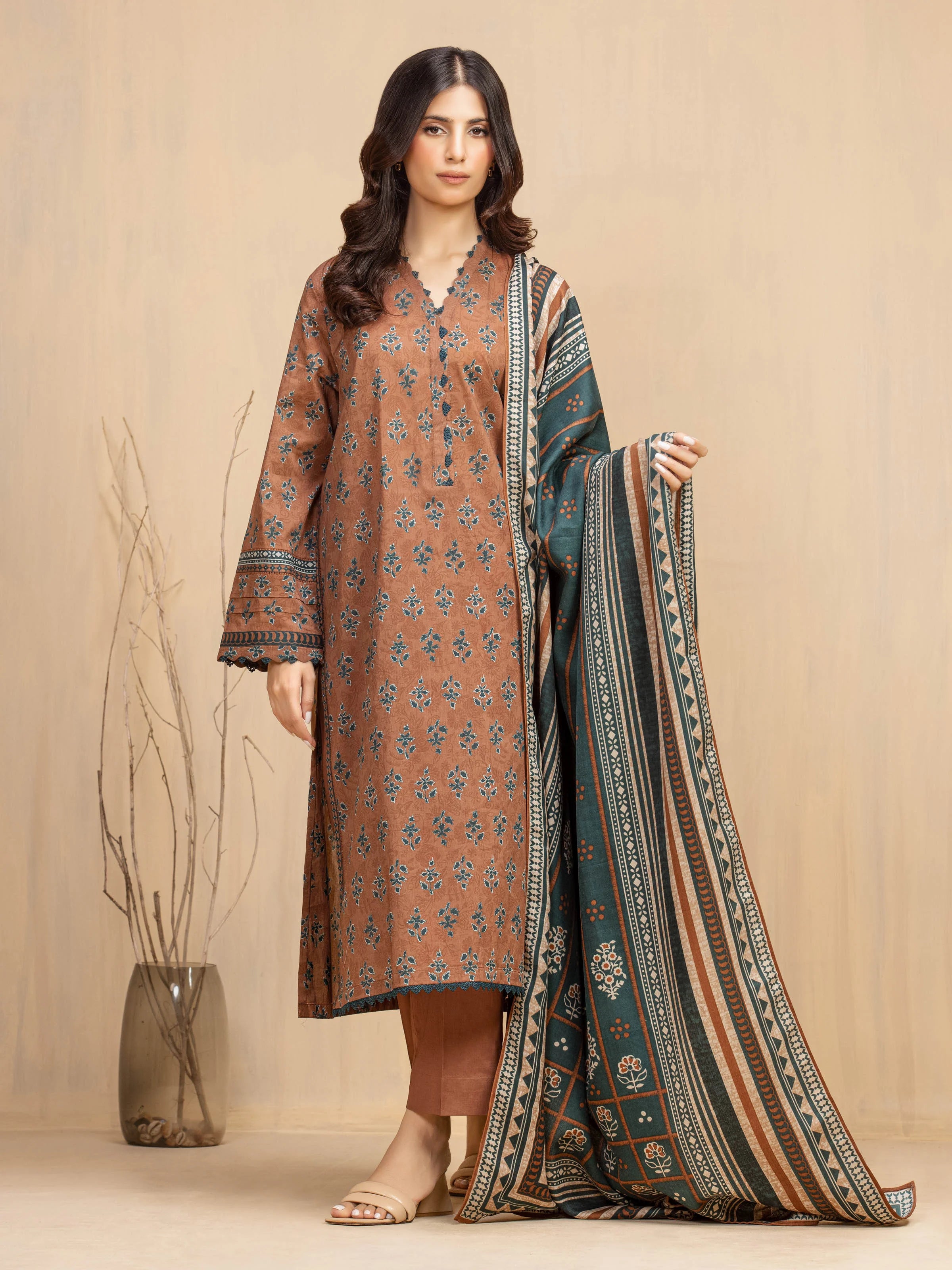 Unstitched Brown Printed Khaddar 3 Piece