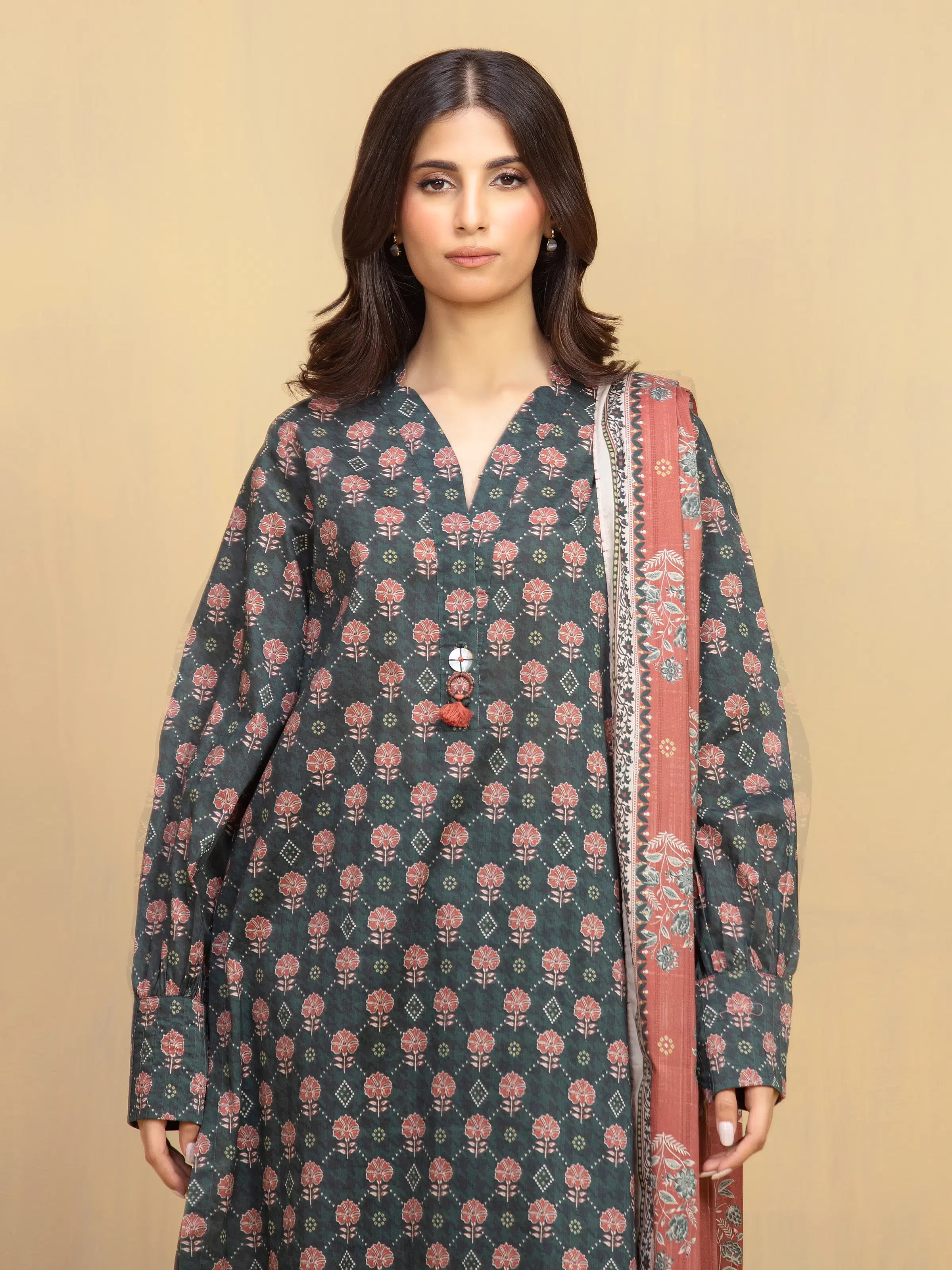 Unstitched Dark Green Printed Khaddar 3 Piece