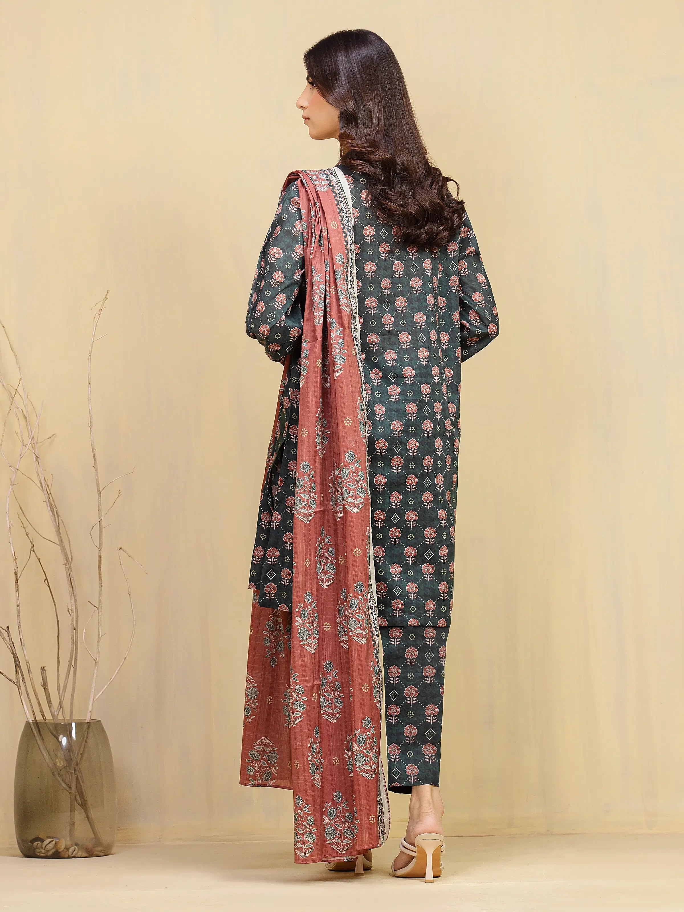 Unstitched Dark Green Printed Khaddar 3 Piece