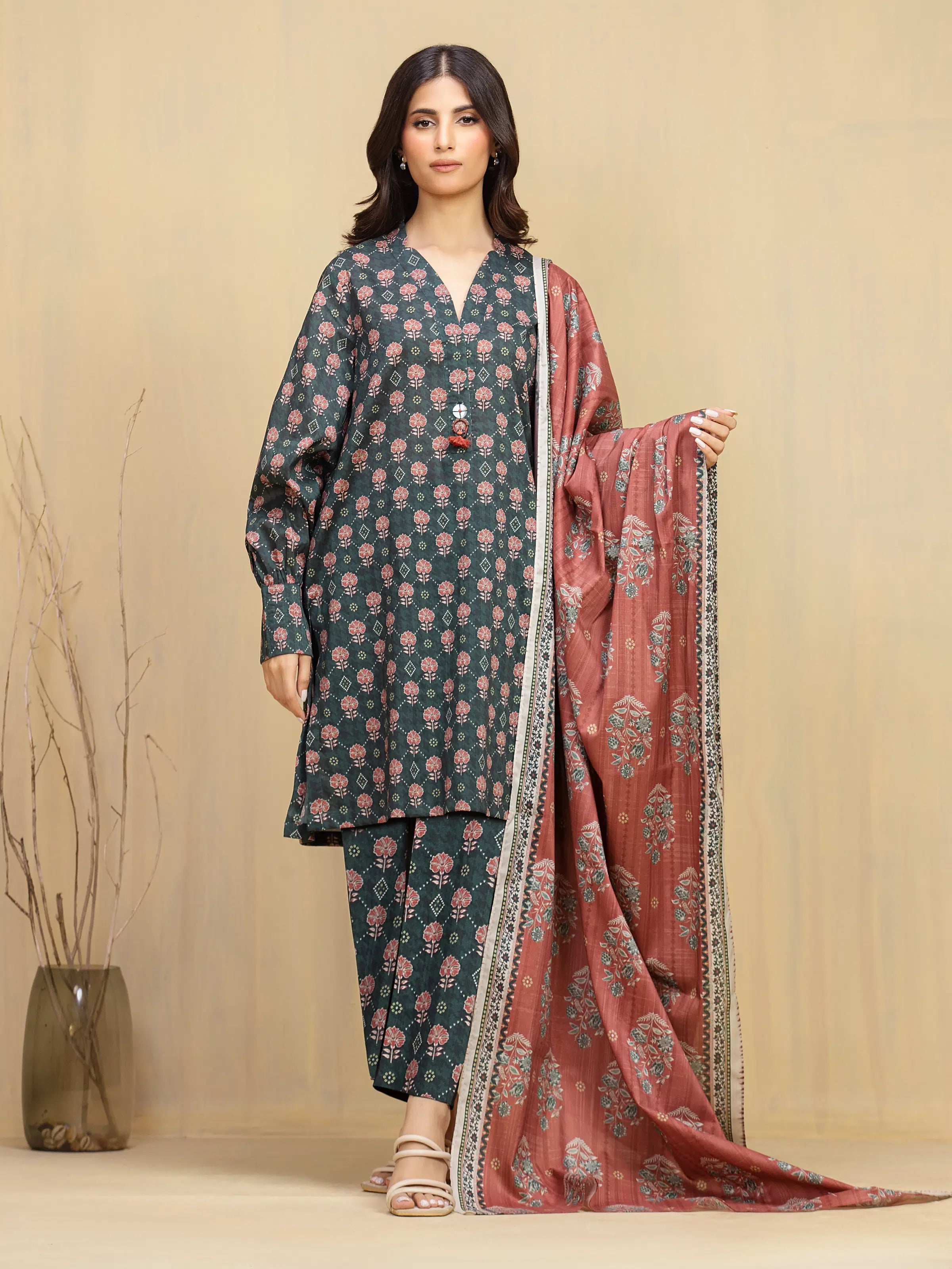 Unstitched Dark Green Printed Khaddar 3 Piece