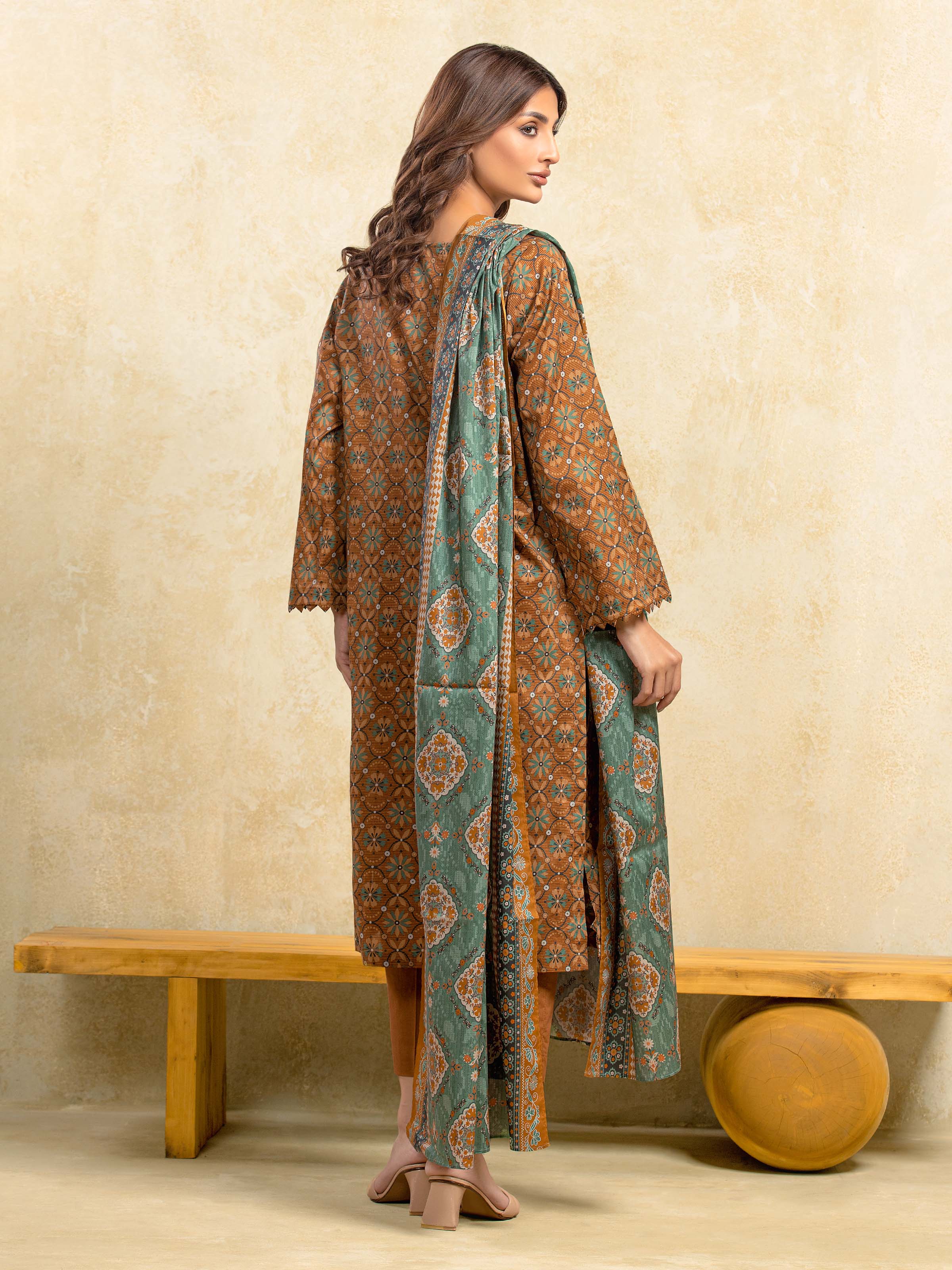 URB Unstitched Mustard Printed Khaddar 3 Piece