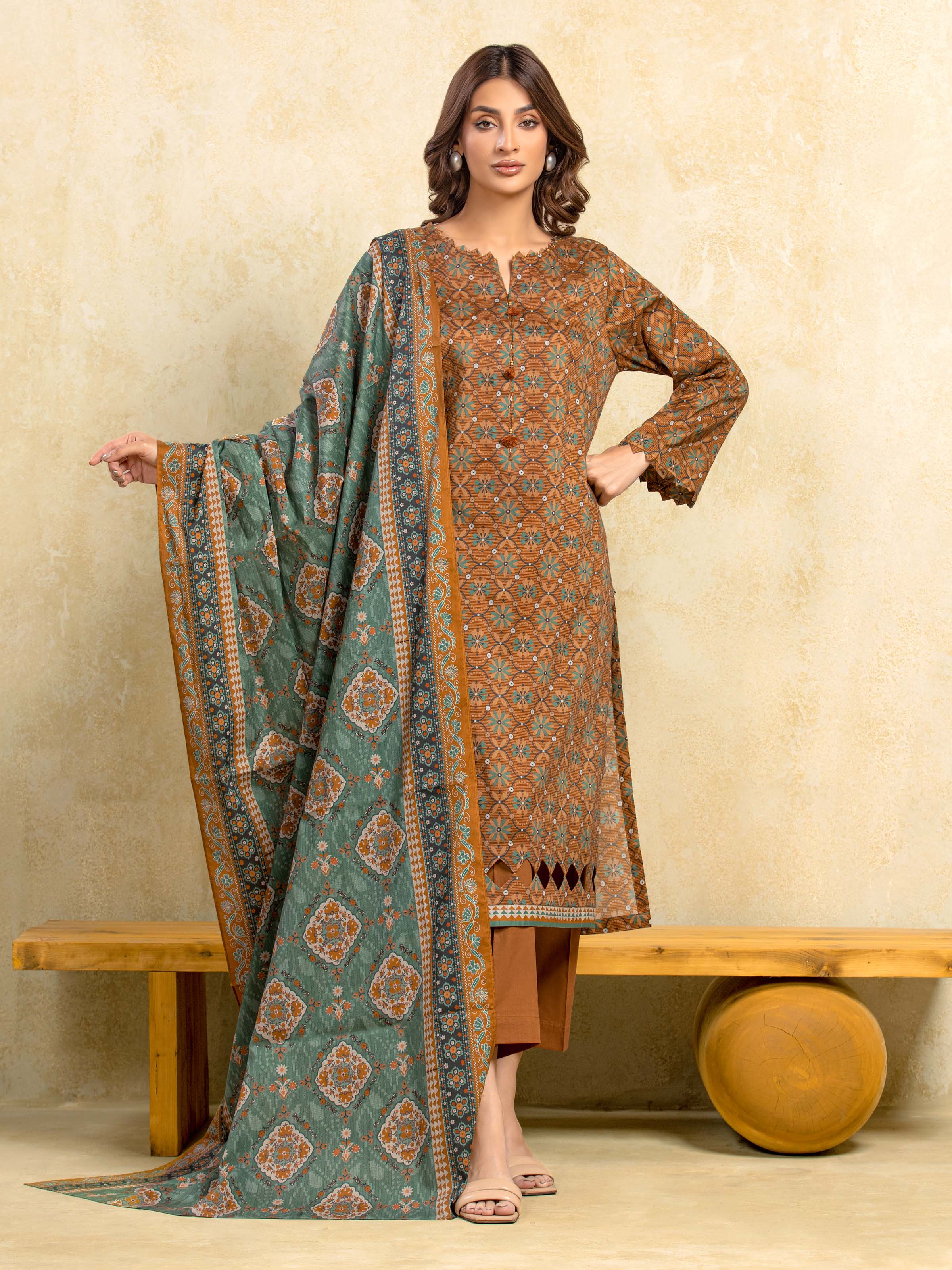 URB Unstitched Mustard Printed Khaddar 3 Piece
