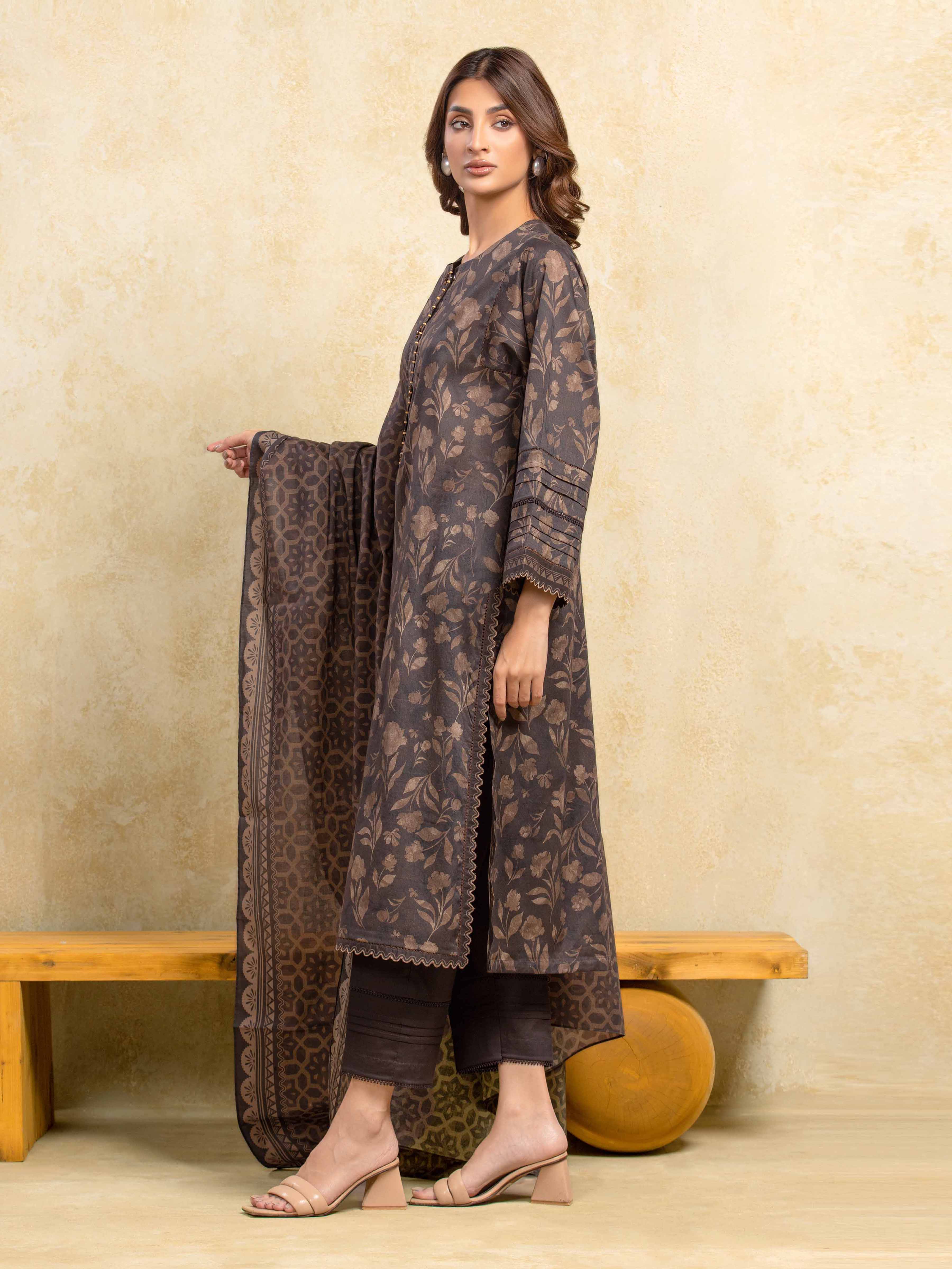 URB Unstitched Dark Brown Printed Khaddar 3 Piece