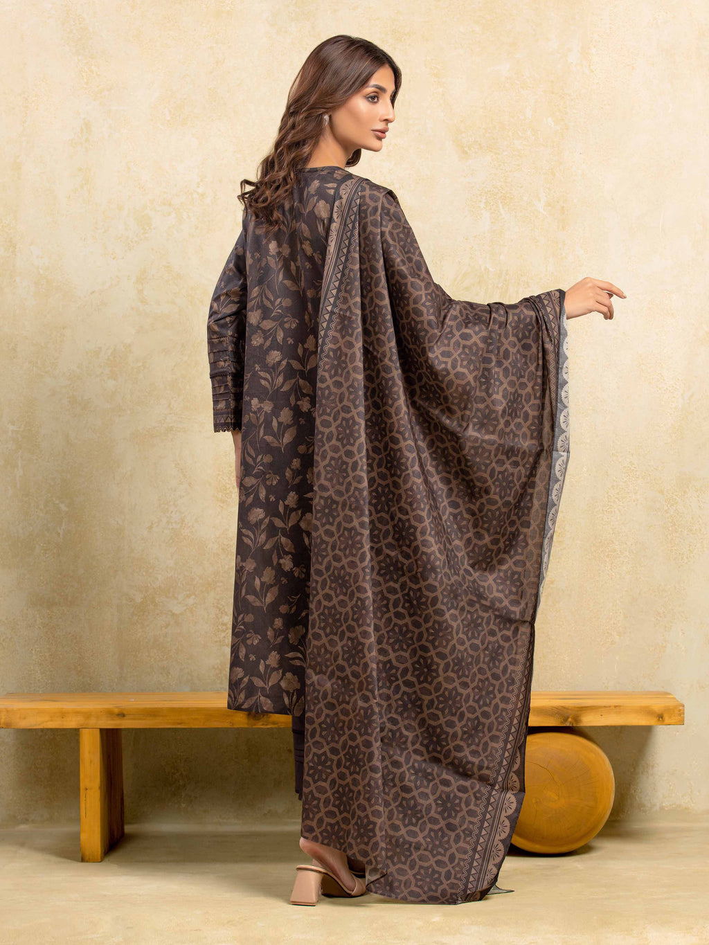 URB Unstitched Dark Brown Printed Khaddar 3 Piece