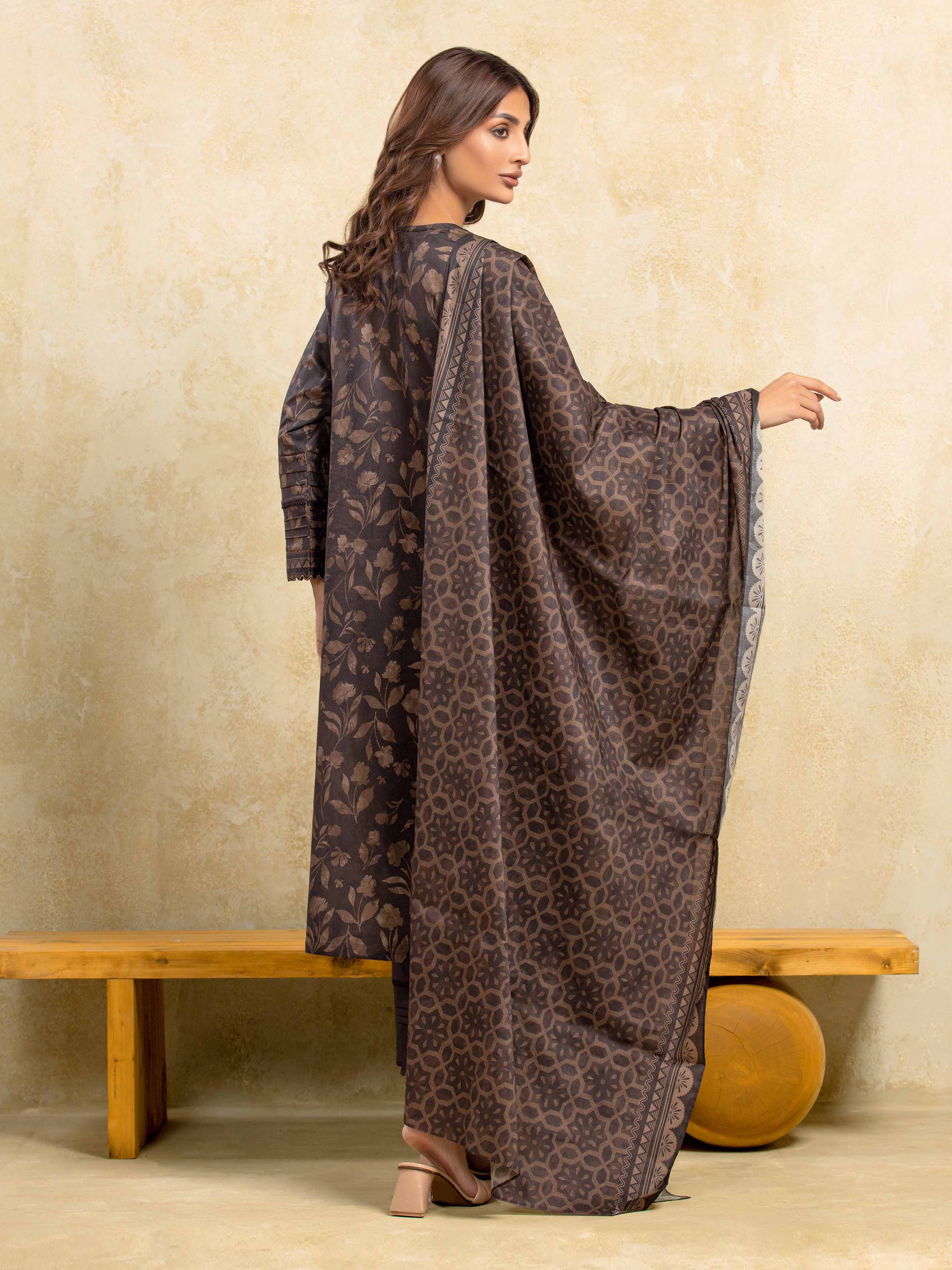URB Unstitched Dark Brown Printed Khaddar 3 Piece