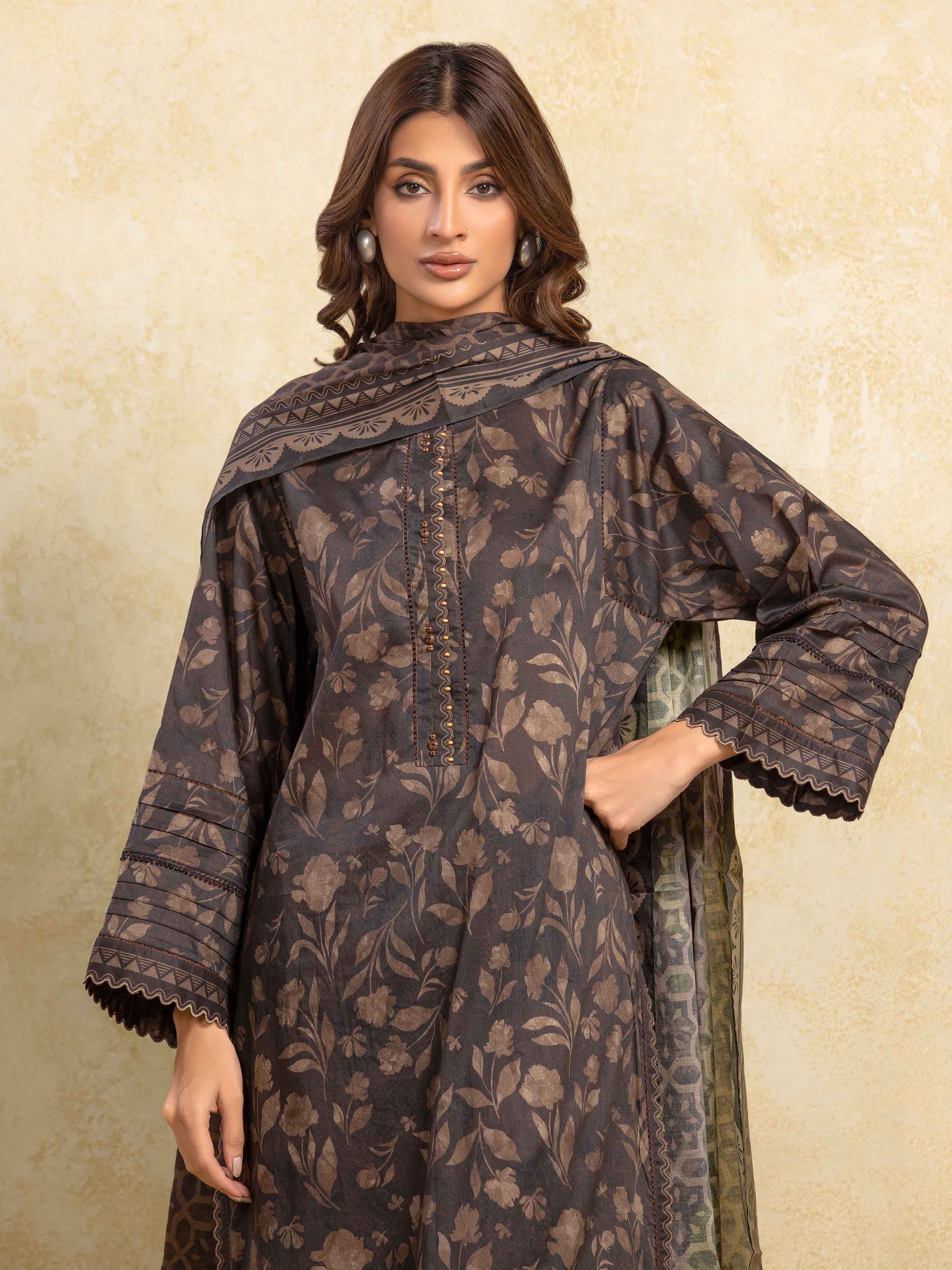 URB Unstitched Dark Brown Printed Khaddar 3 Piece