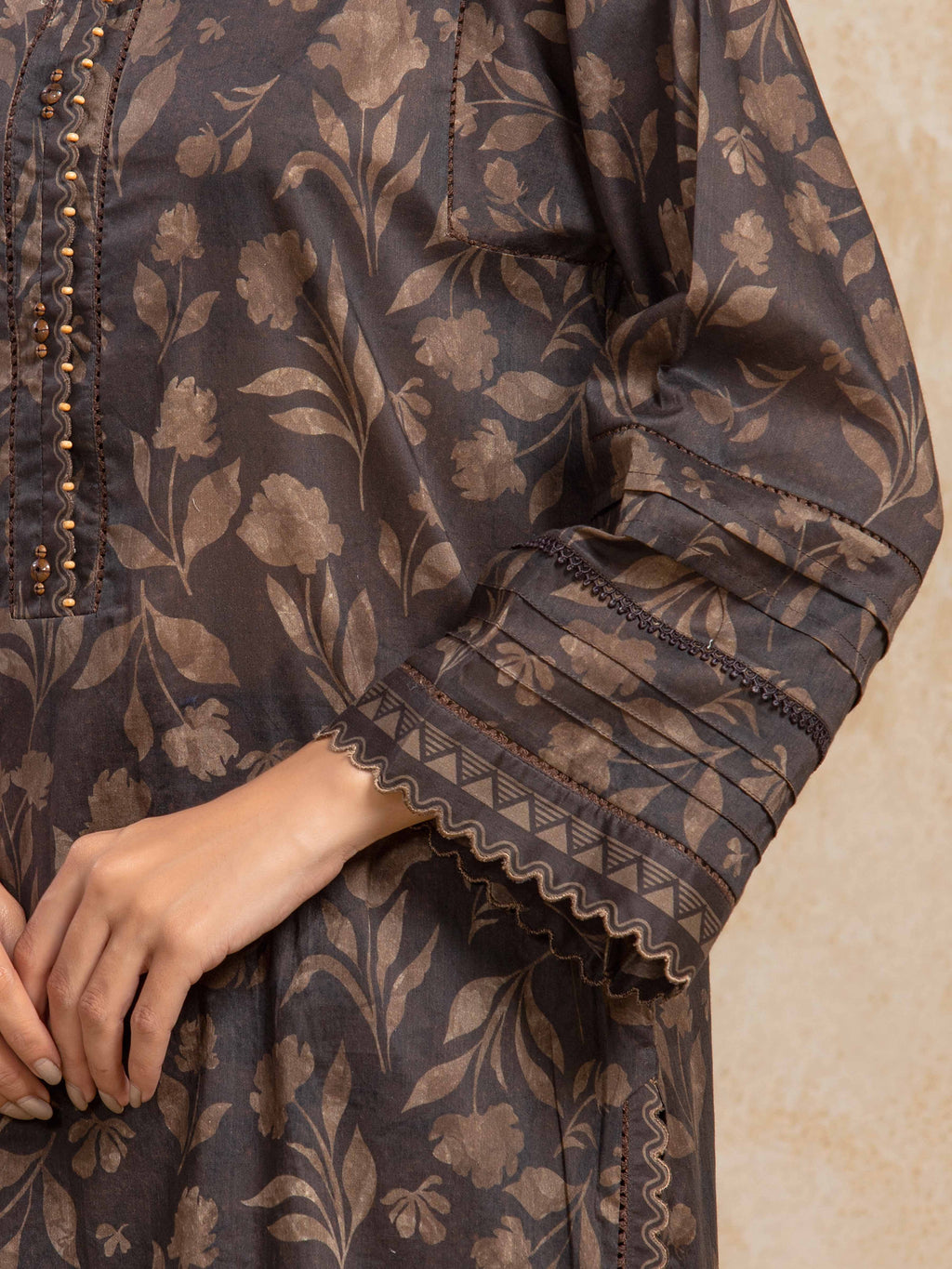 URB Unstitched Dark Brown Printed Khaddar 3 Piece