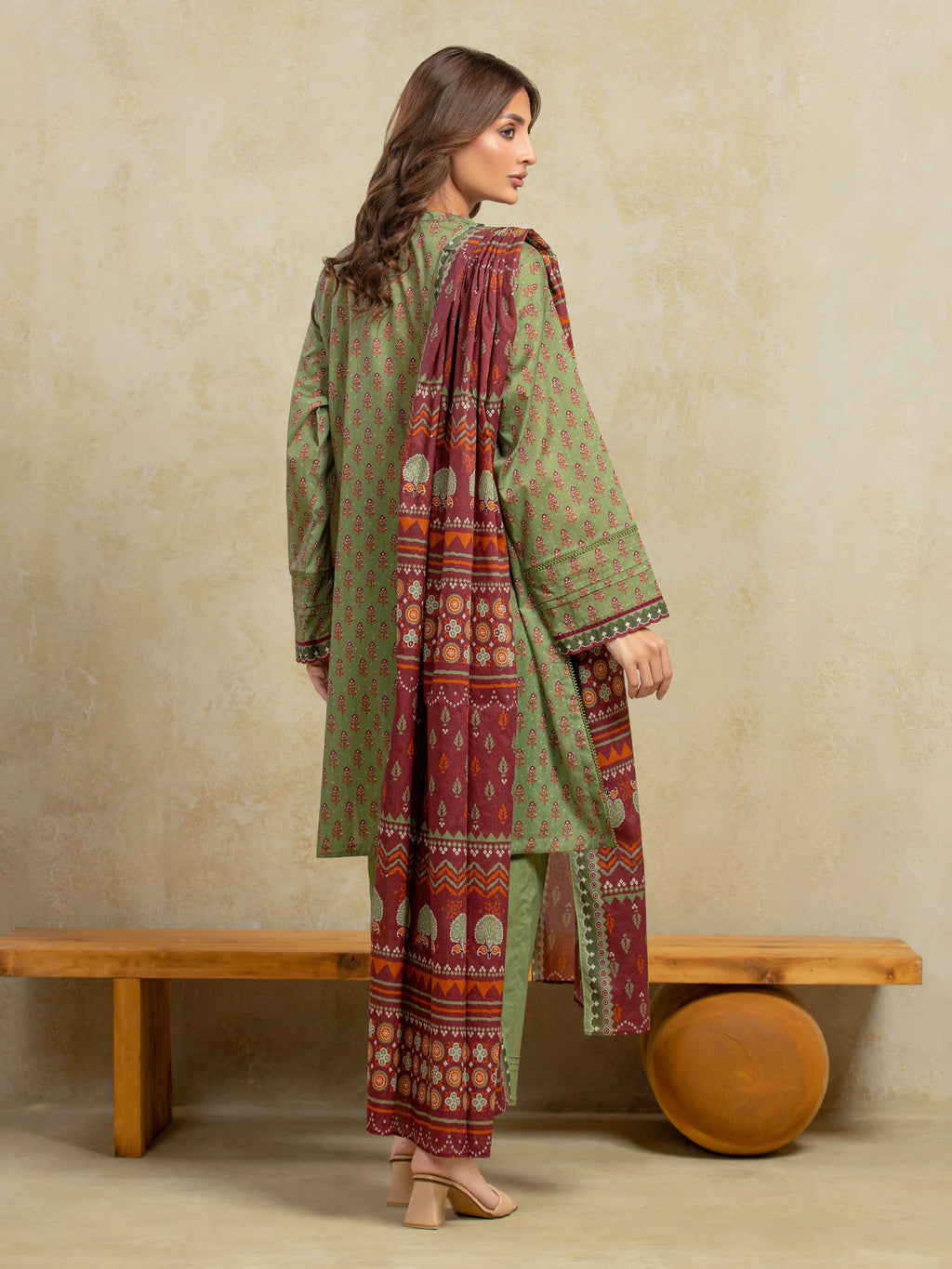 URB Unstitched Green Printed Khaddar 3 Piece