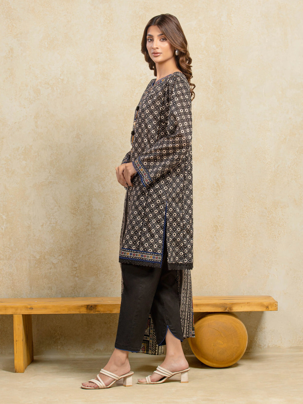 URB Unstitched Black Printed Khaddar 3 Piece