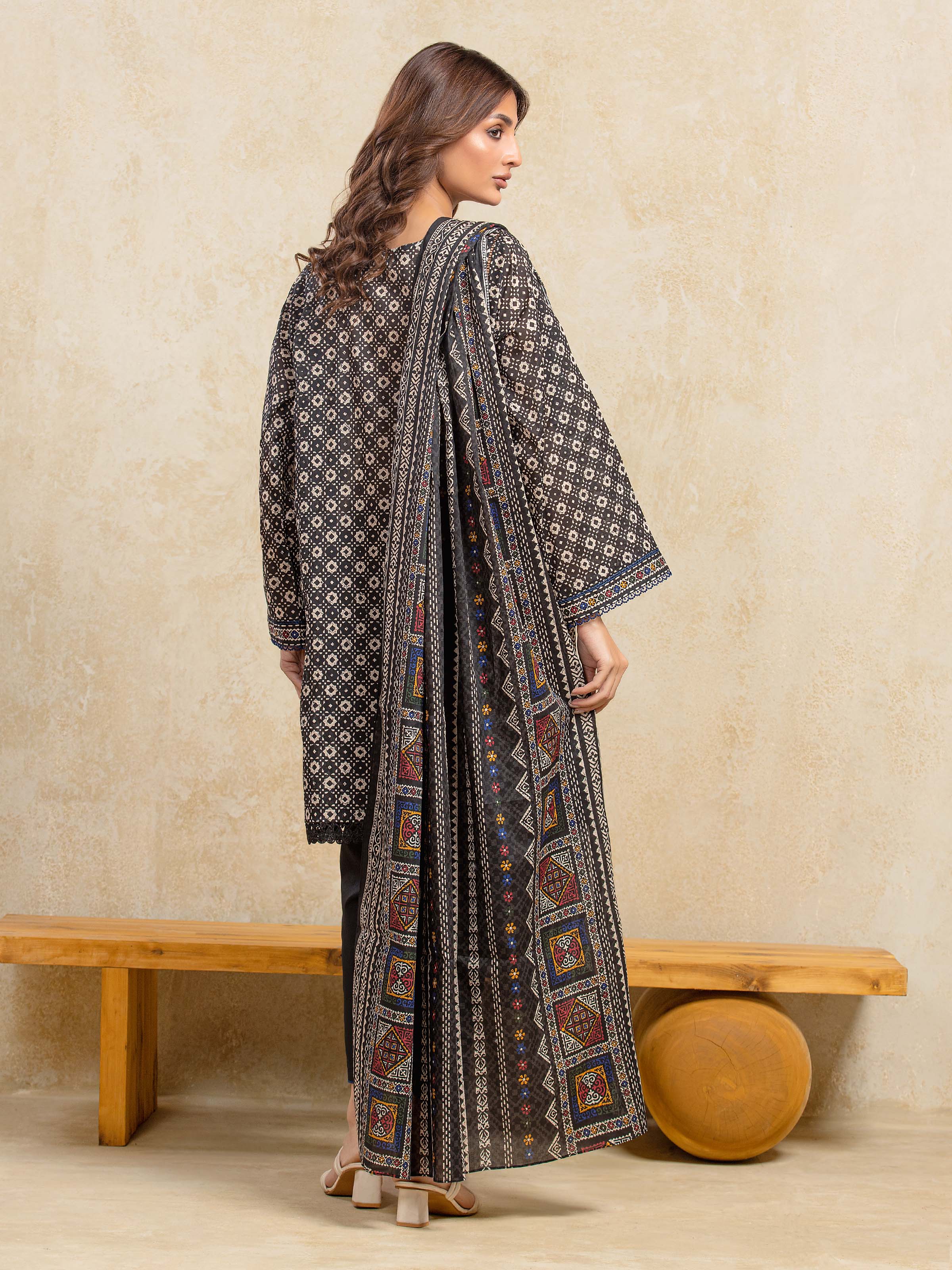 URB Unstitched Black Printed Khaddar 3 Piece