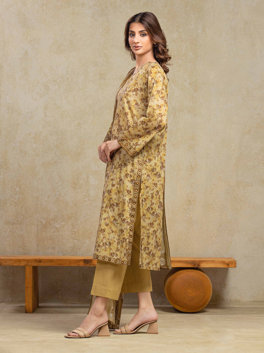 URB Unstitched Light Gold Printed Khaddar 3 Piece