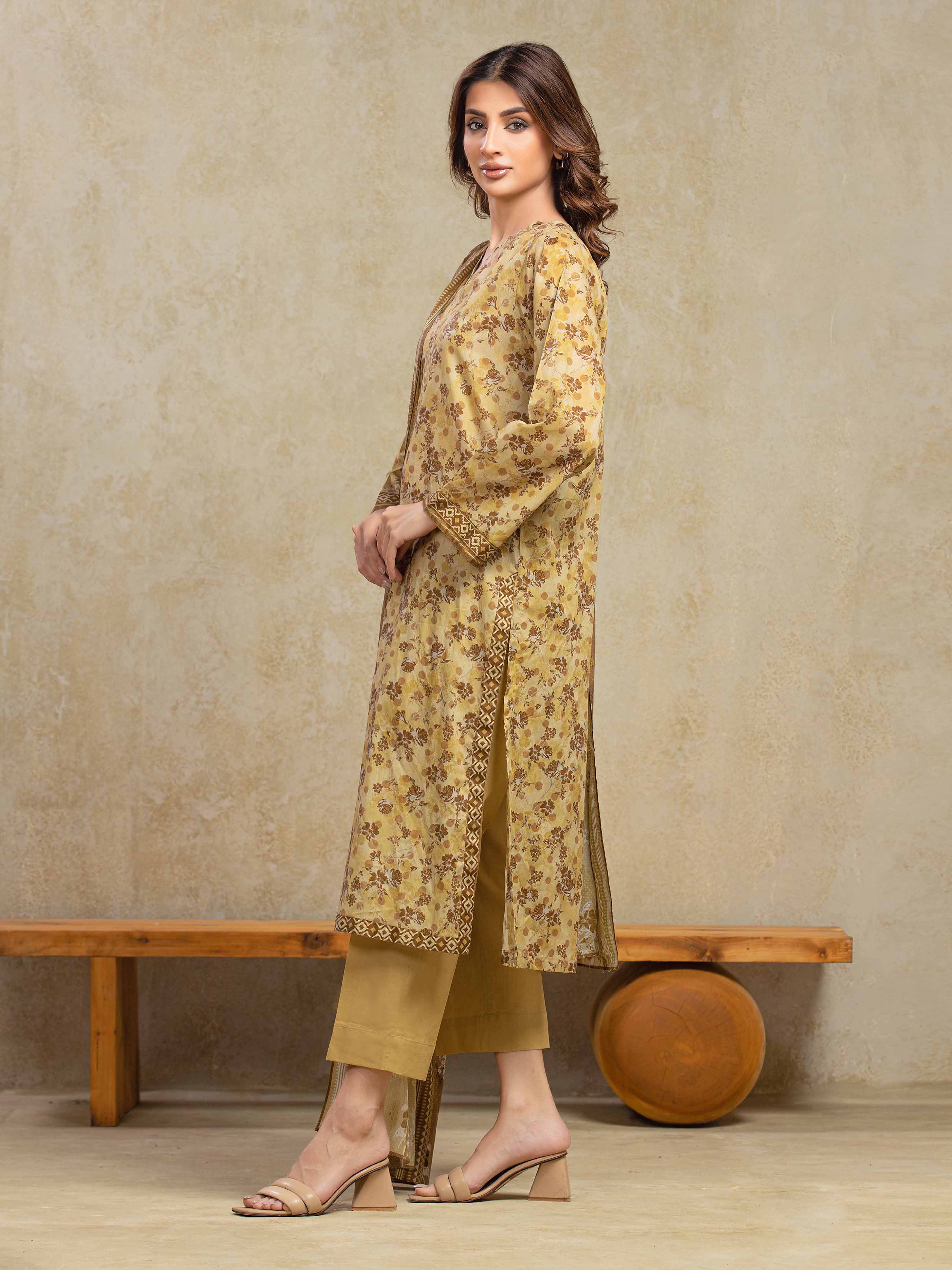 URB Unstitched Light Gold Printed Khaddar 3 Piece