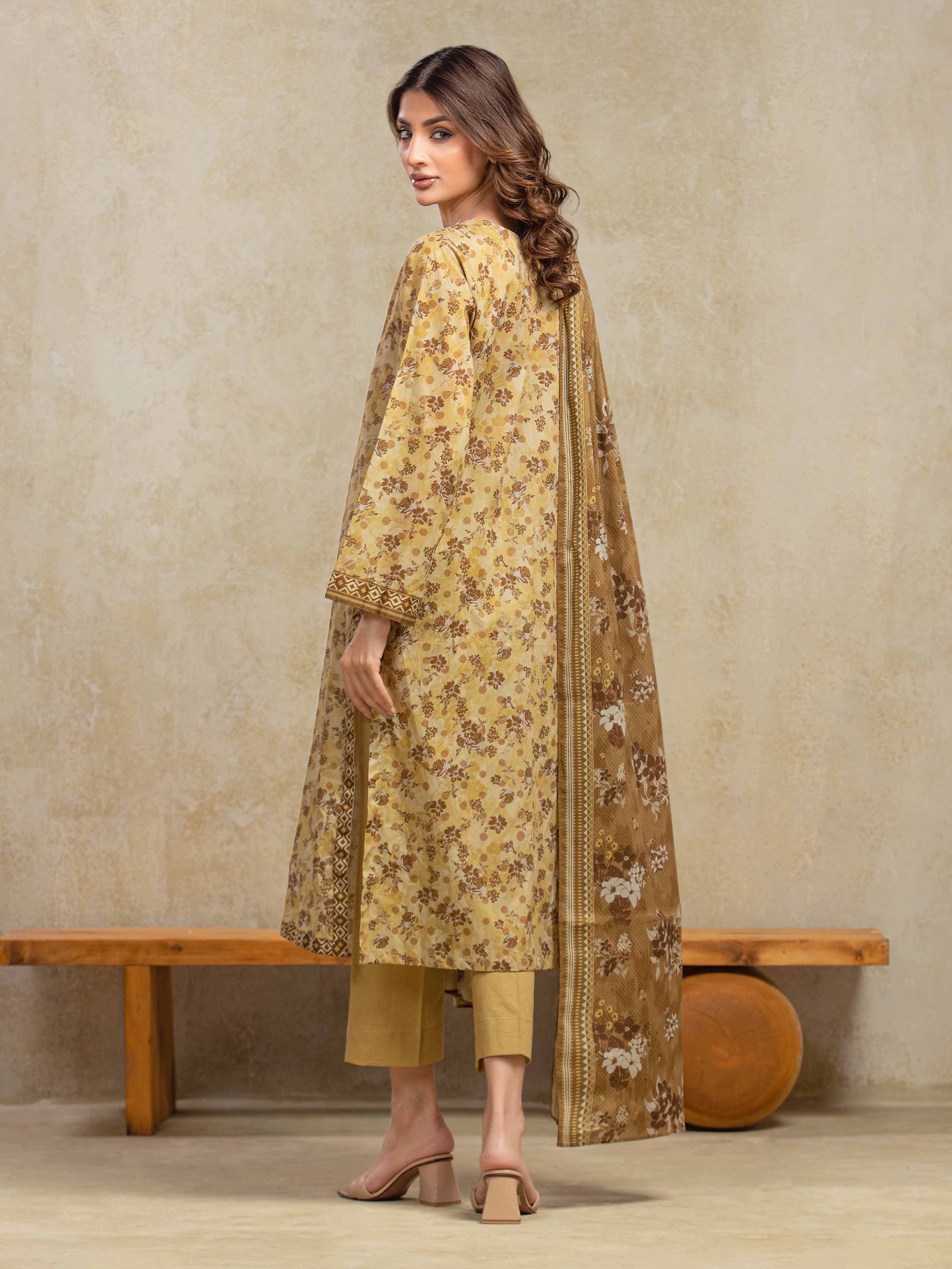 URB Unstitched Light Gold Printed Khaddar 3 Piece