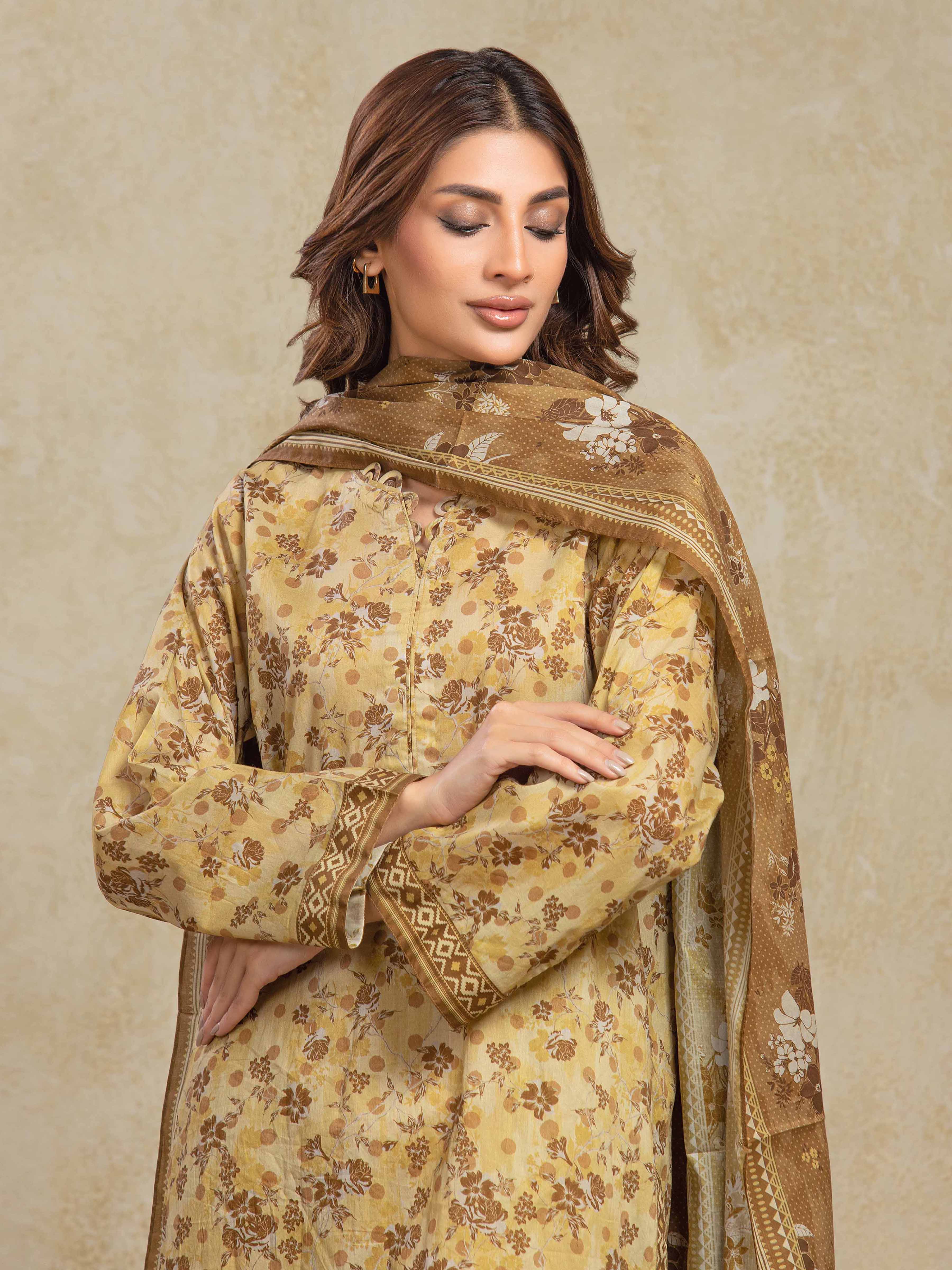 URB Unstitched Light Gold Printed Khaddar 3 Piece