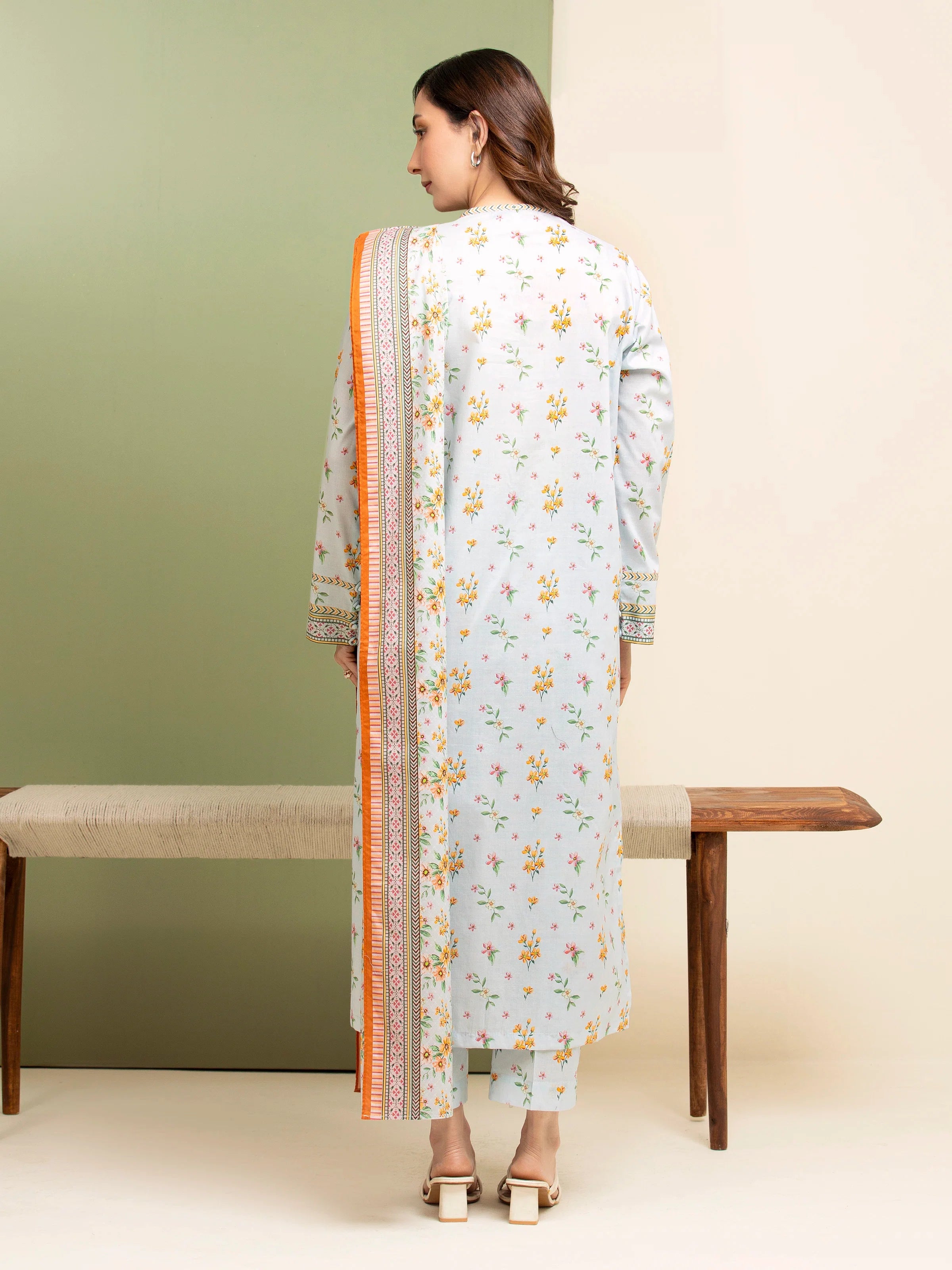 3 Piece Unstitched Lawn Suit Ice Blue Printed Elegance