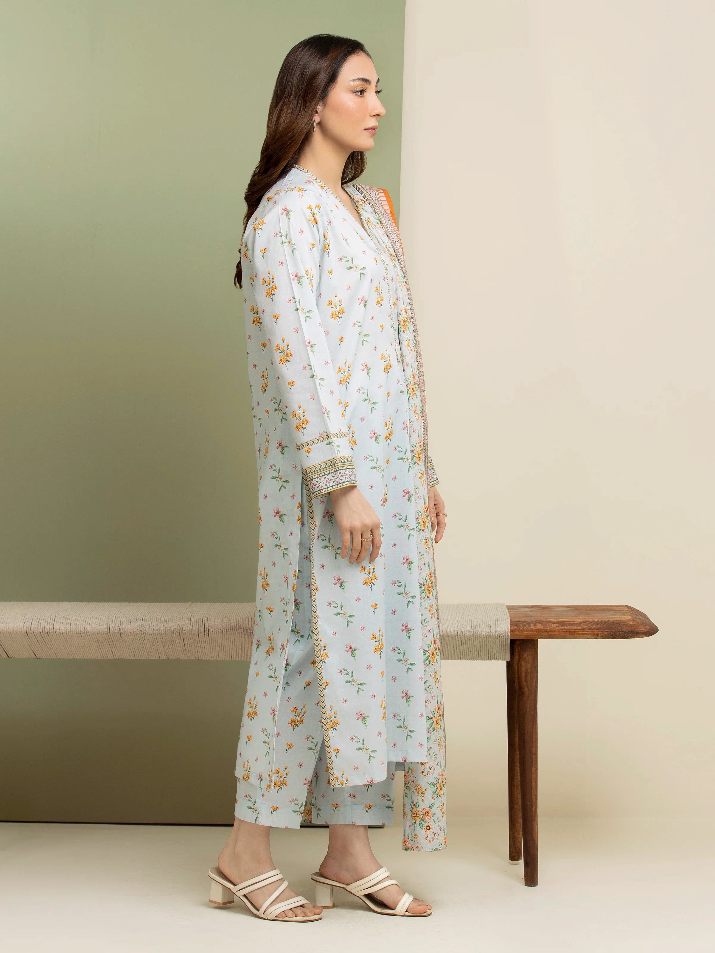 3 Piece Unstitched Lawn Suit Ice Blue Printed Elegance