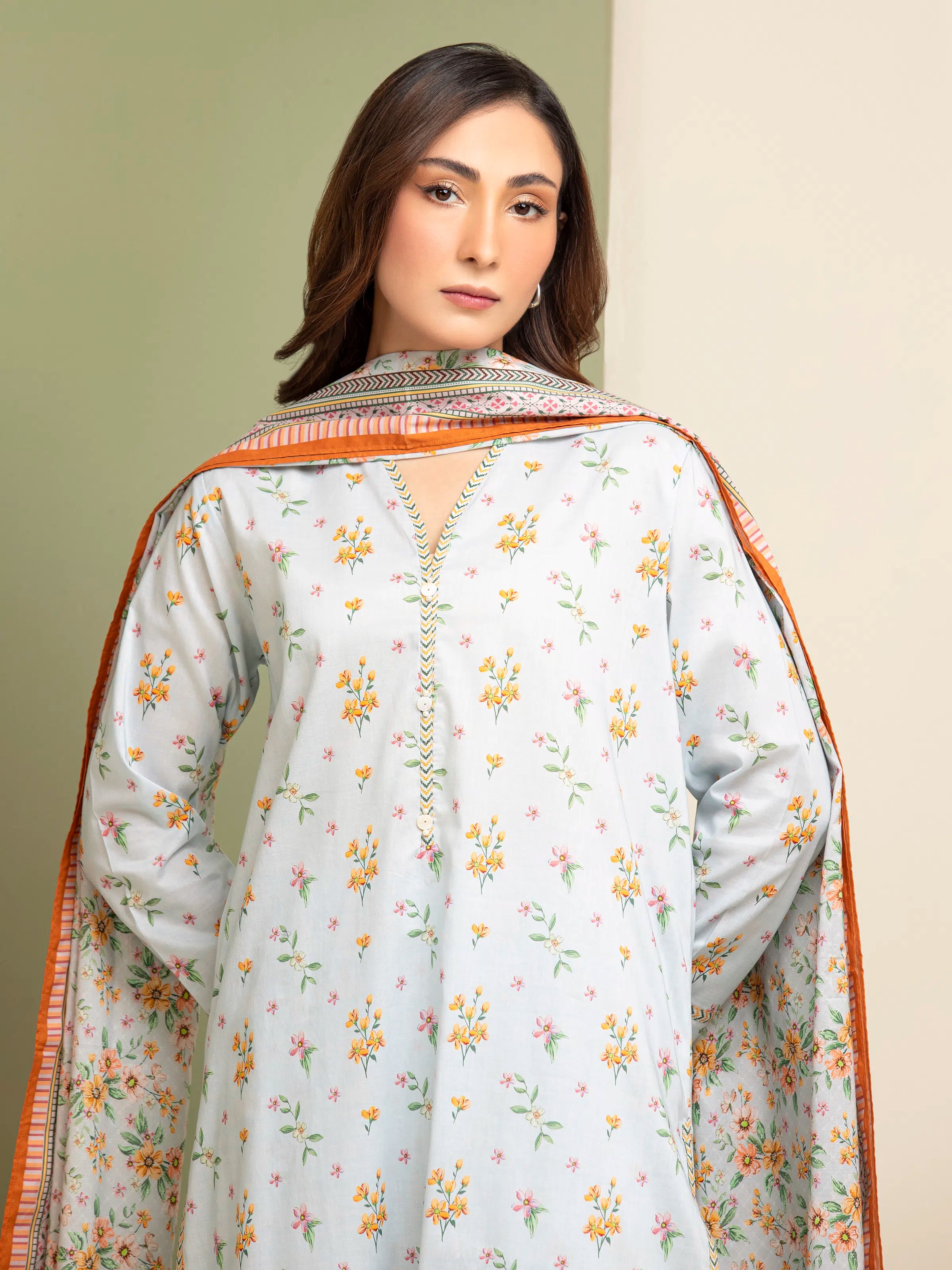 3 Piece Unstitched Lawn Suit Ice Blue Printed Elegance