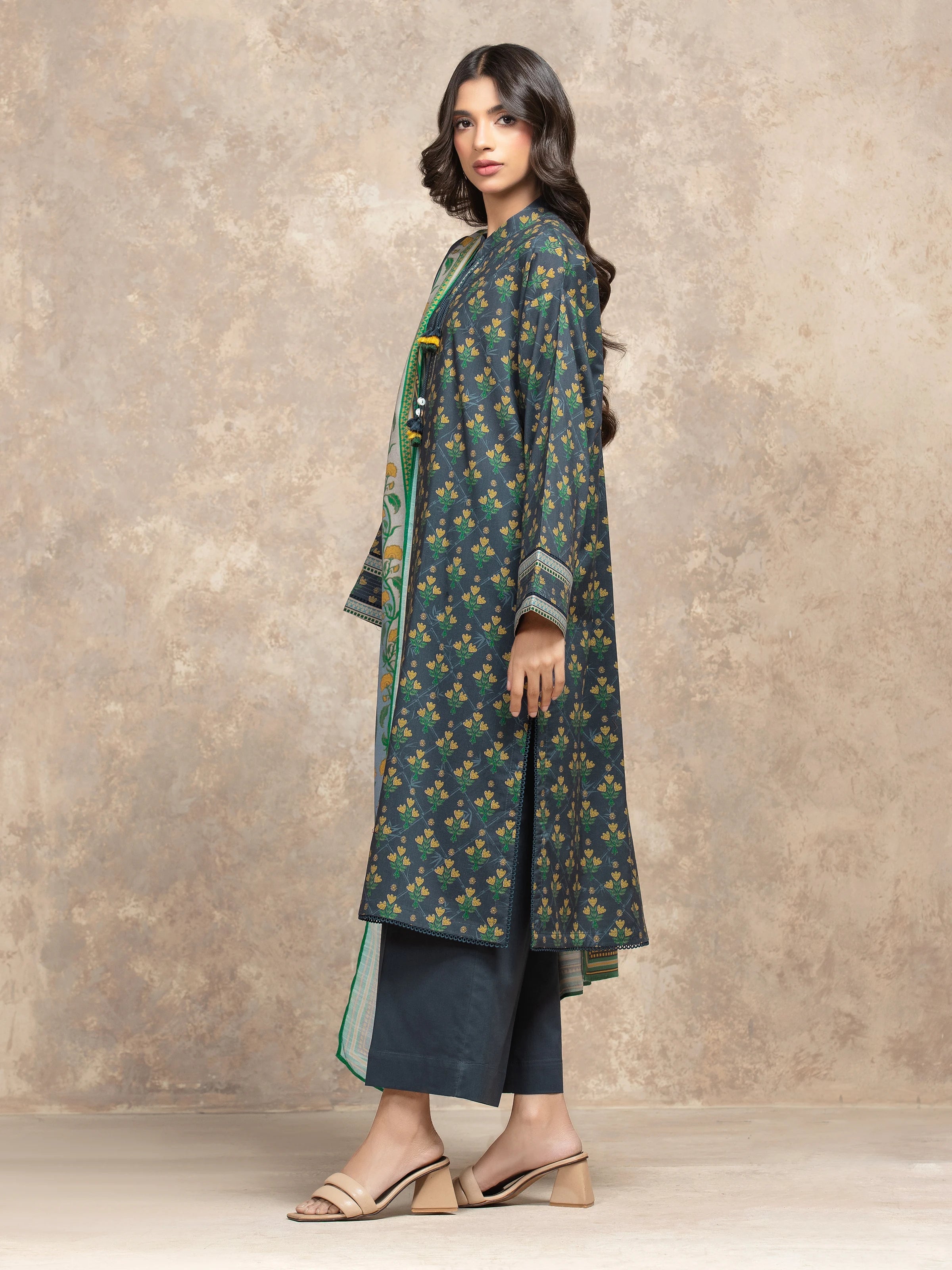 URB Unstitched Navy Blue Printed Khaddar Suit