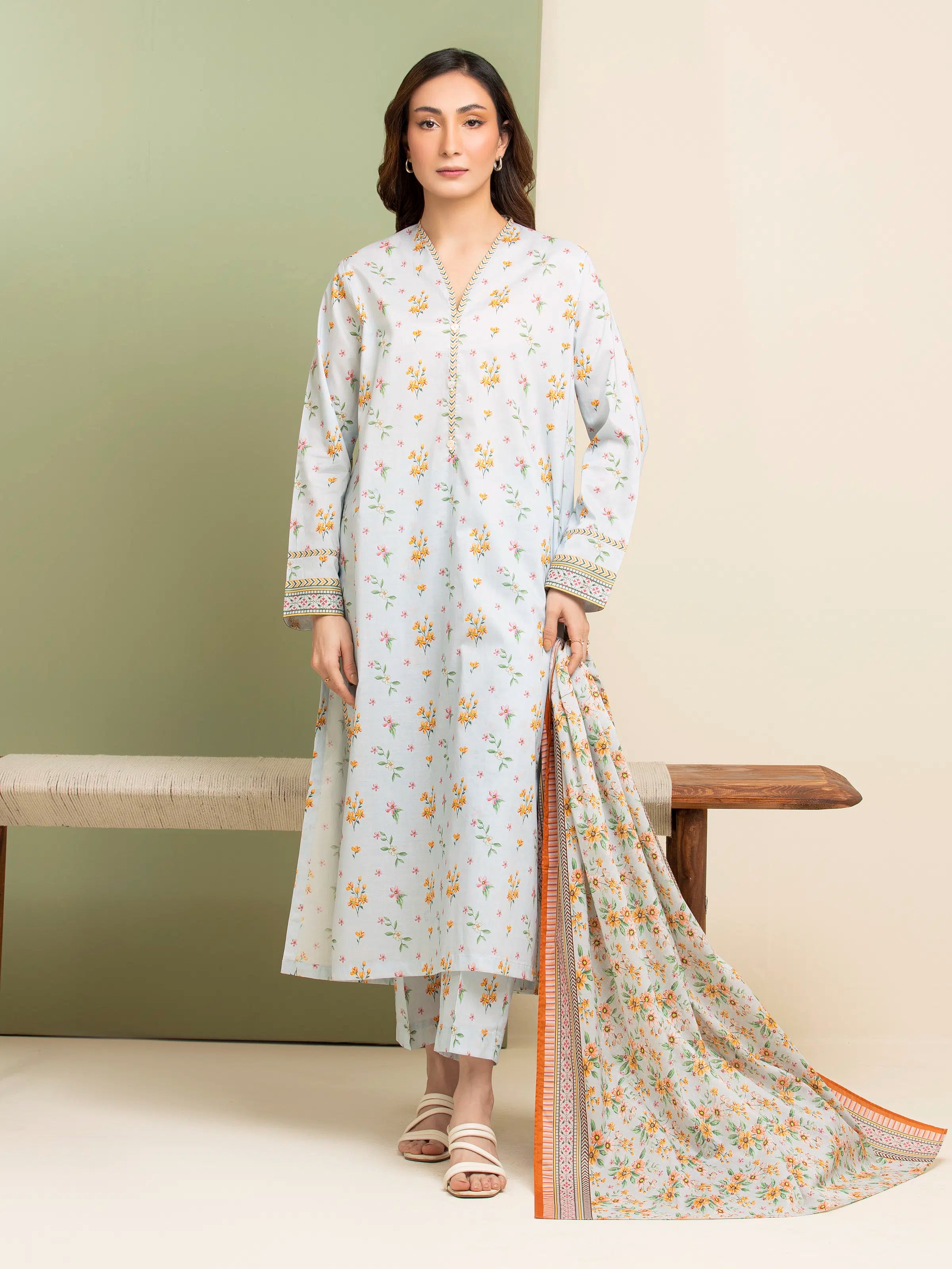 3 Piece Unstitched Lawn Suit Ice Blue Printed Elegance