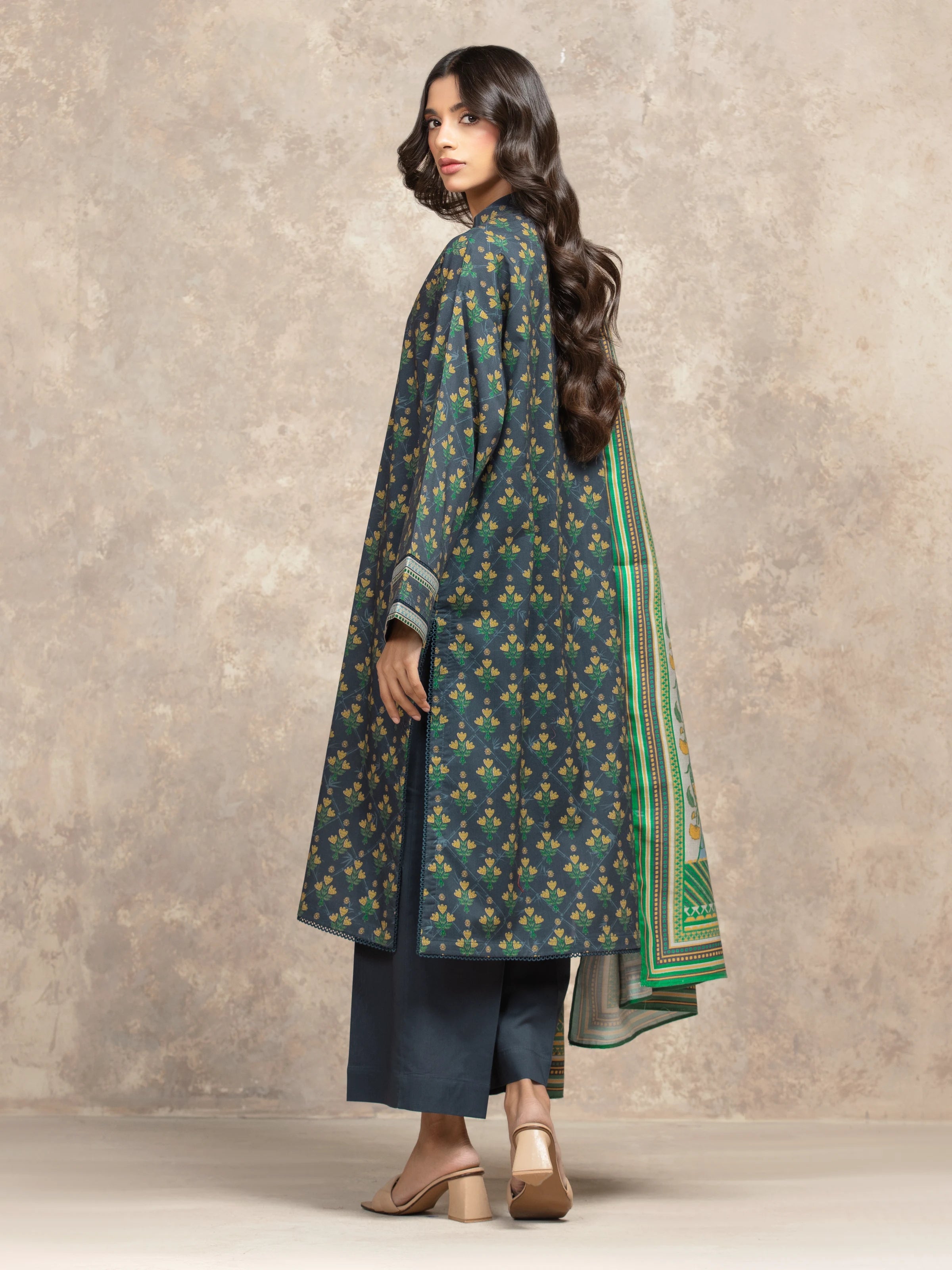 URB Unstitched Navy Blue Printed Khaddar Suit