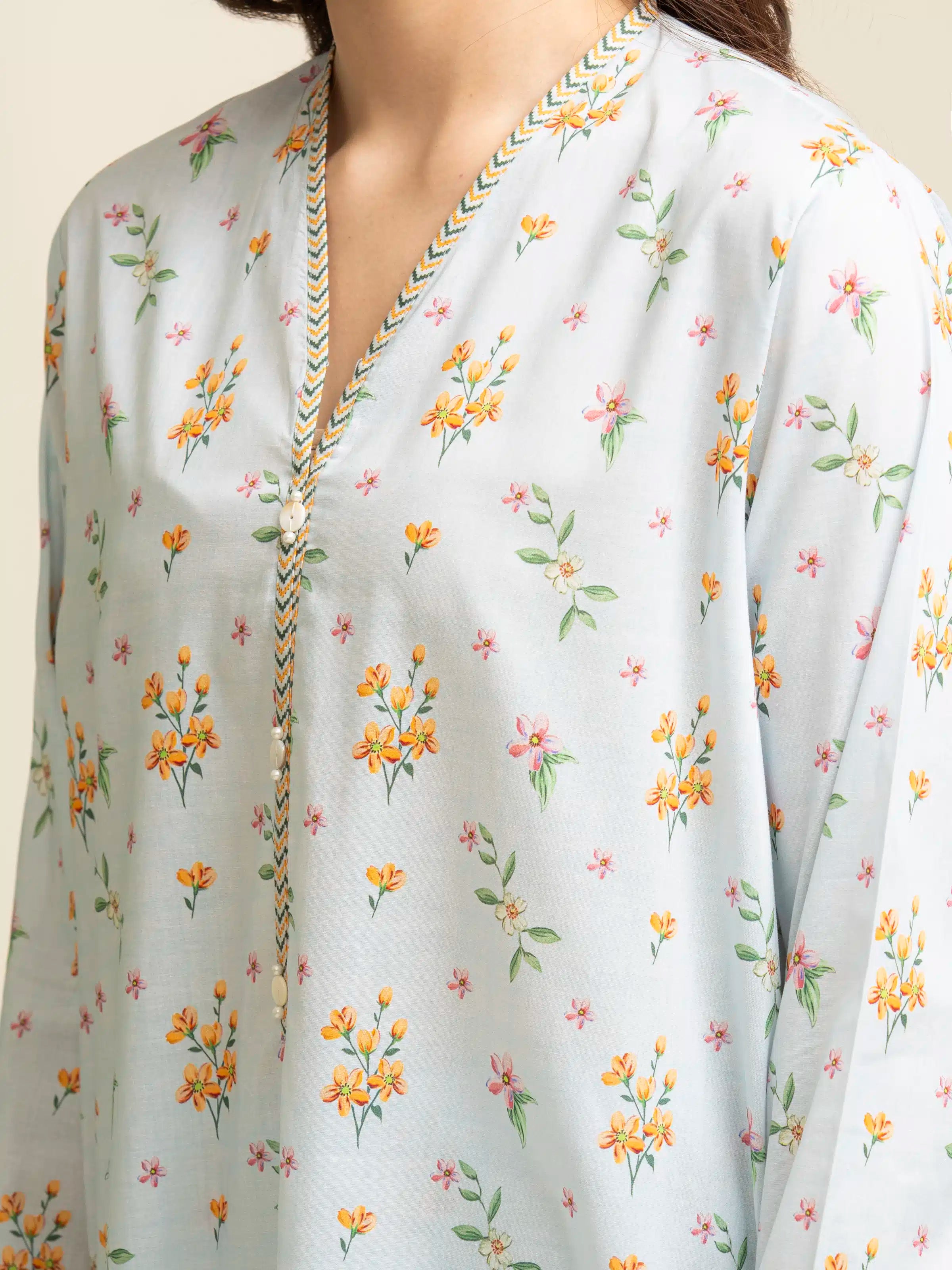 3 Piece Unstitched Lawn Suit Ice Blue Printed Elegance