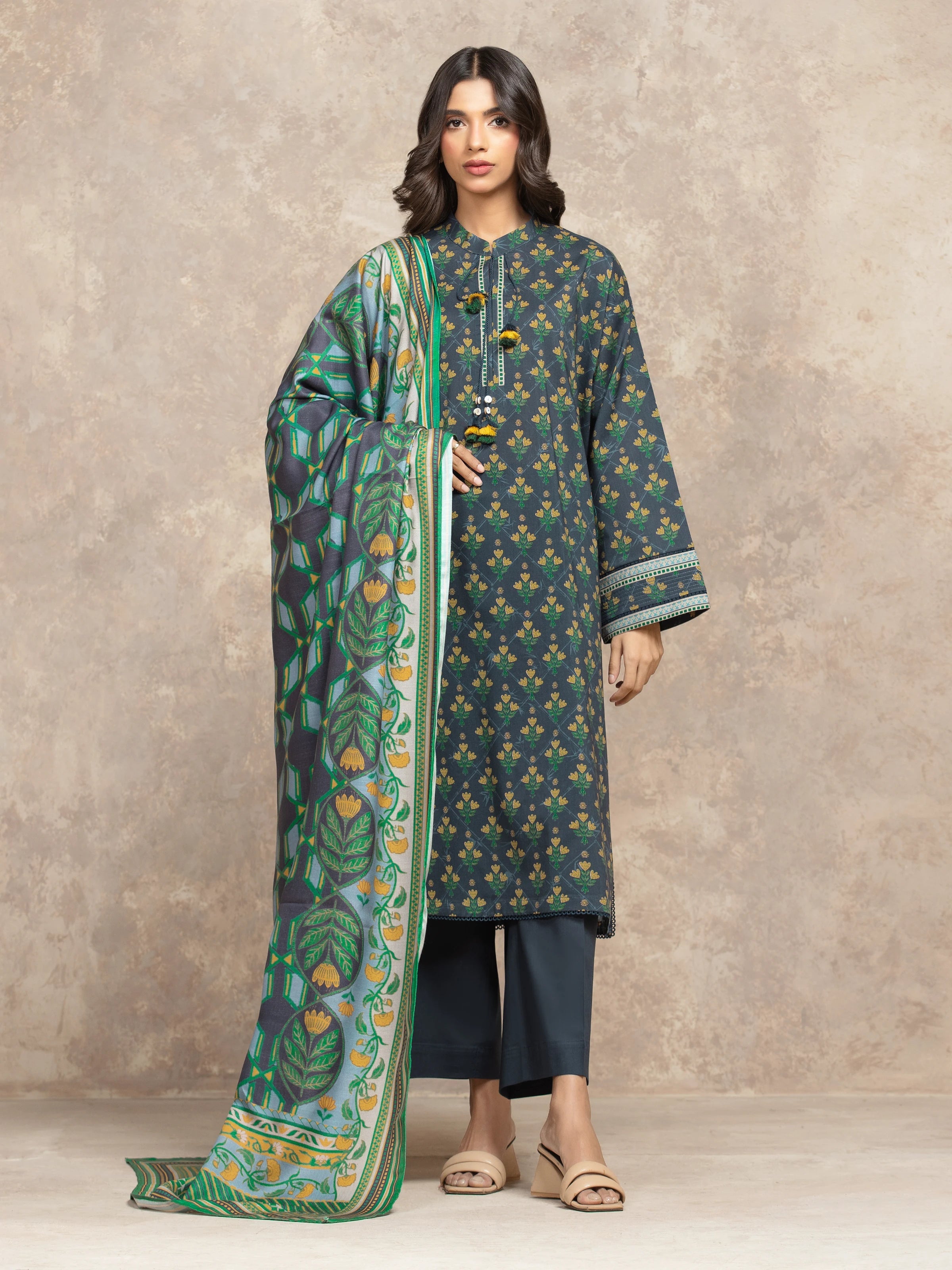 URB Unstitched Navy Blue Printed Khaddar Suit