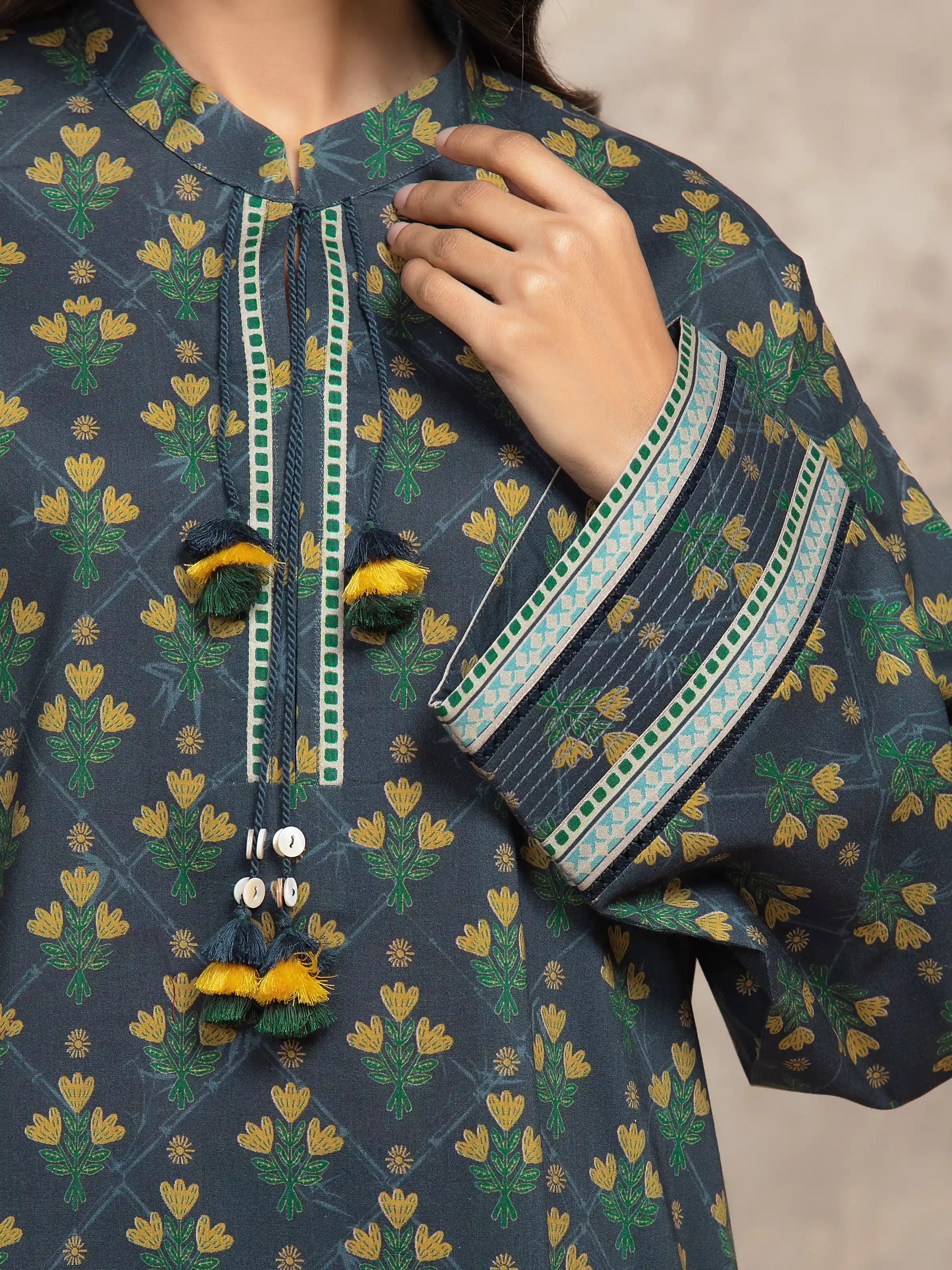 URB Unstitched Navy Blue Printed Khaddar Suit