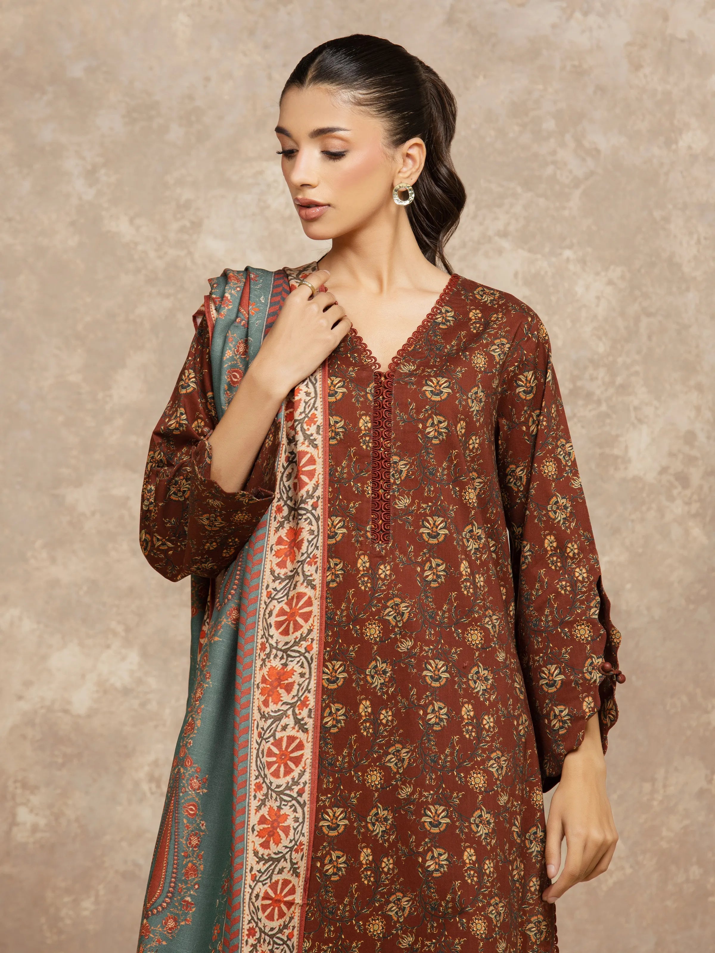 URB Unstitched Brown Printed Khaddar Suit