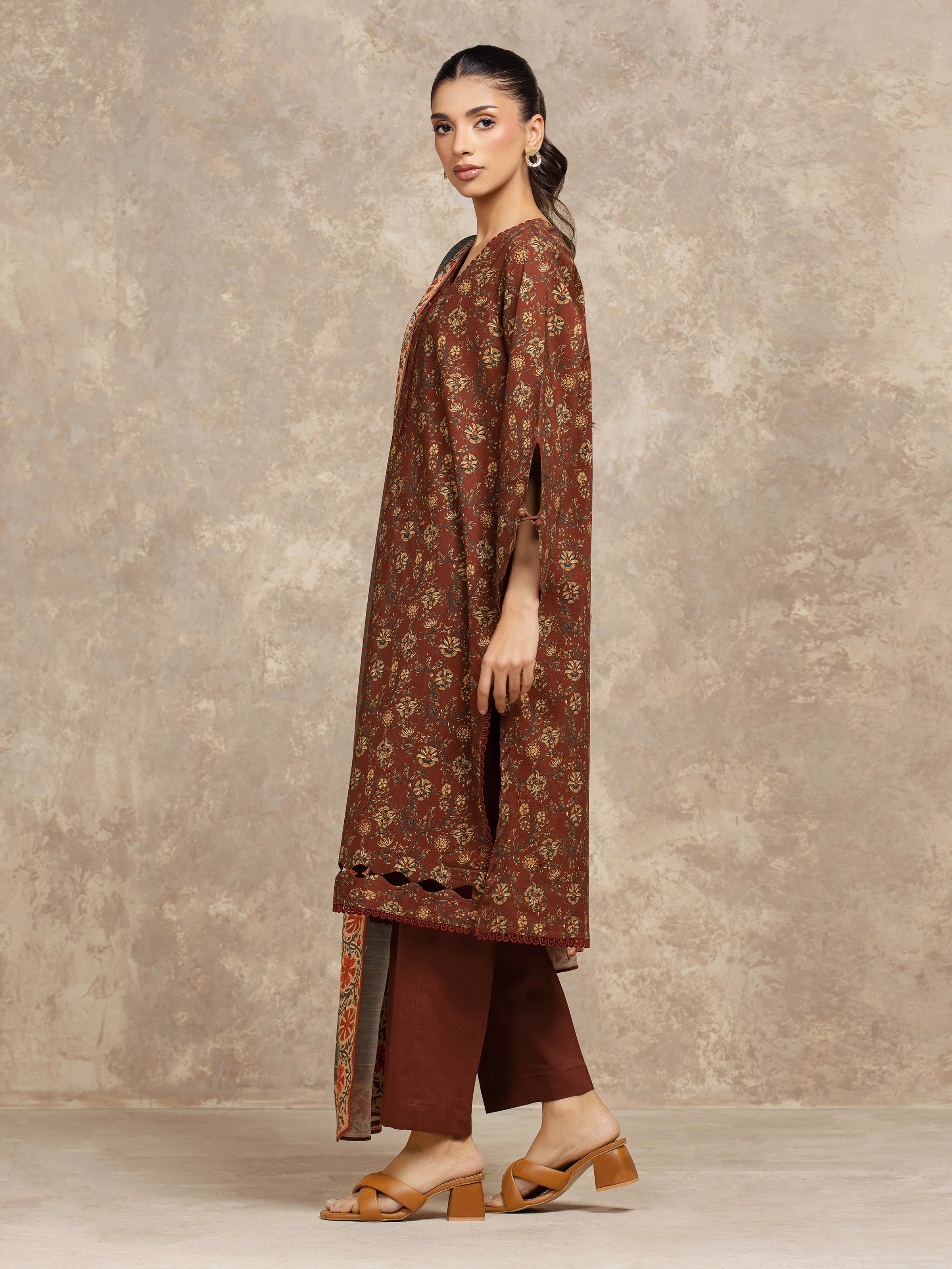 URB Unstitched Brown Printed Khaddar Suit