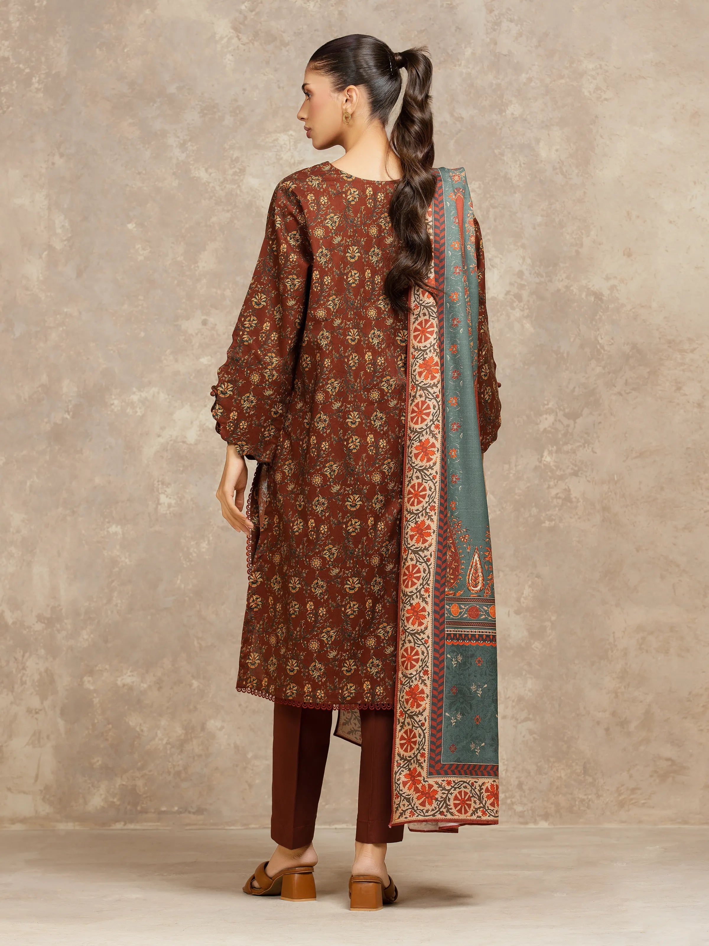 URB Unstitched Brown Printed Khaddar Suit