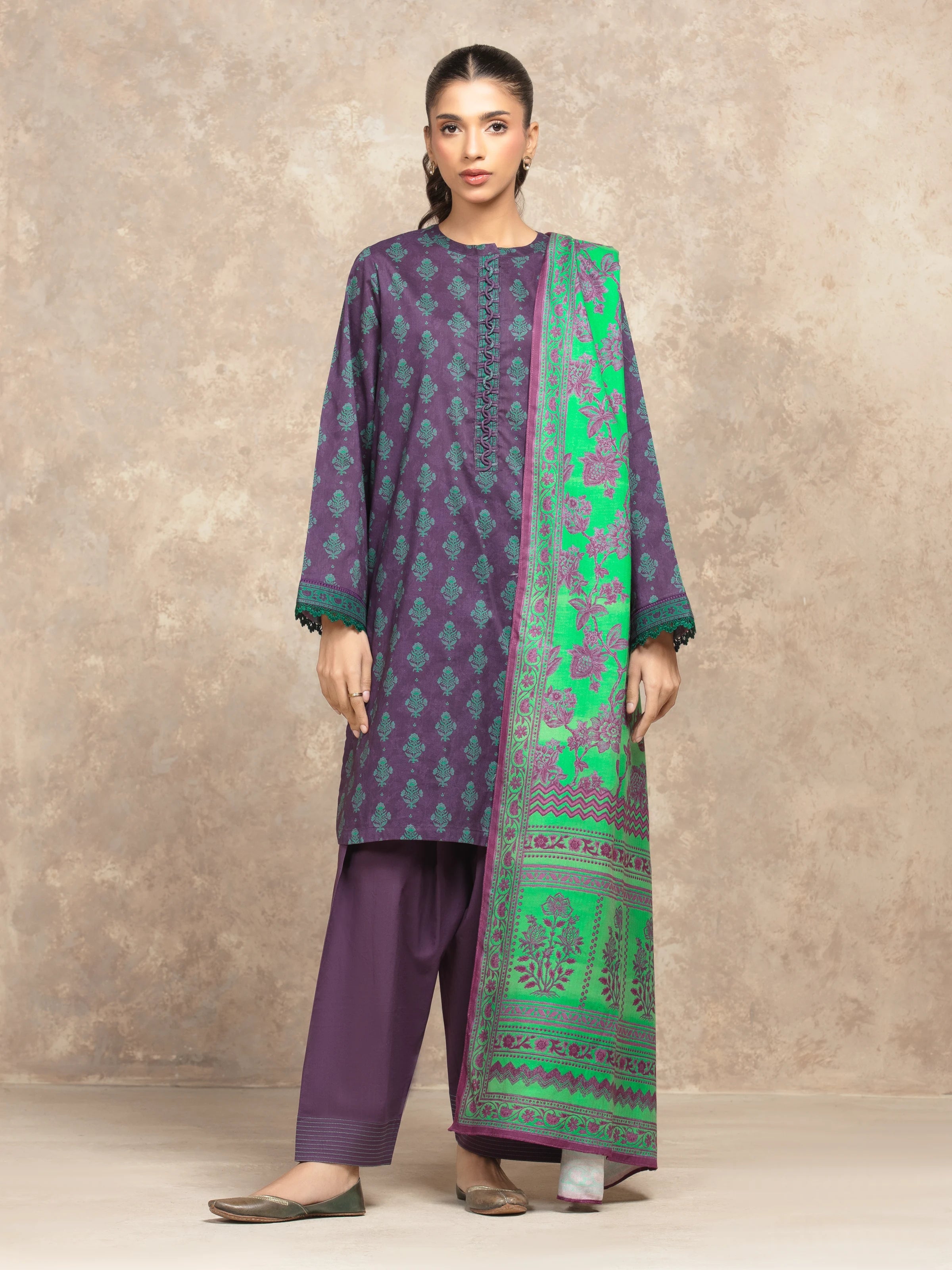 URB Unstitched Purple Printed Khaddar Suit