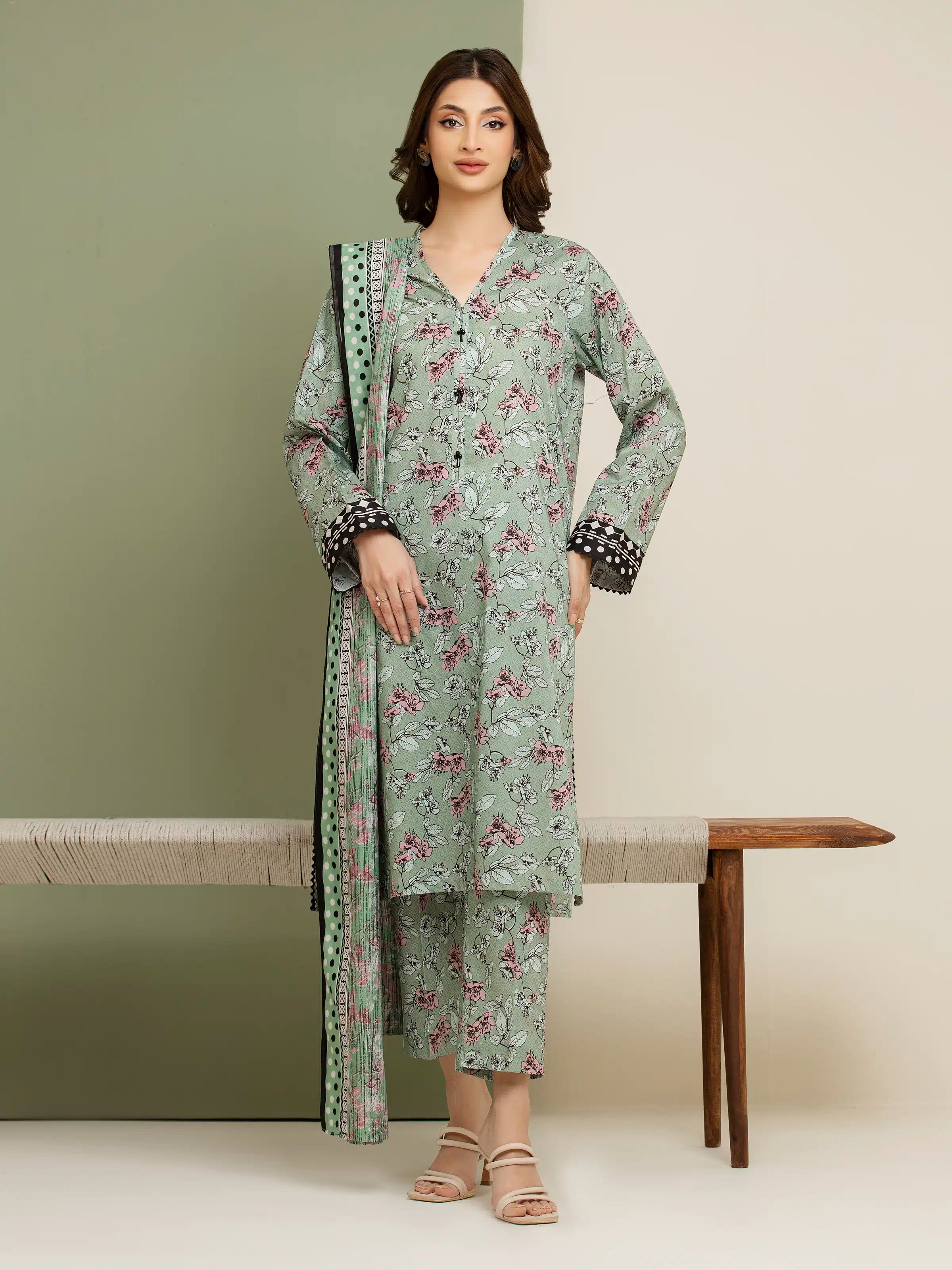 3 Piece Unstitched Lawn Suit Sage Green Printed Elegance