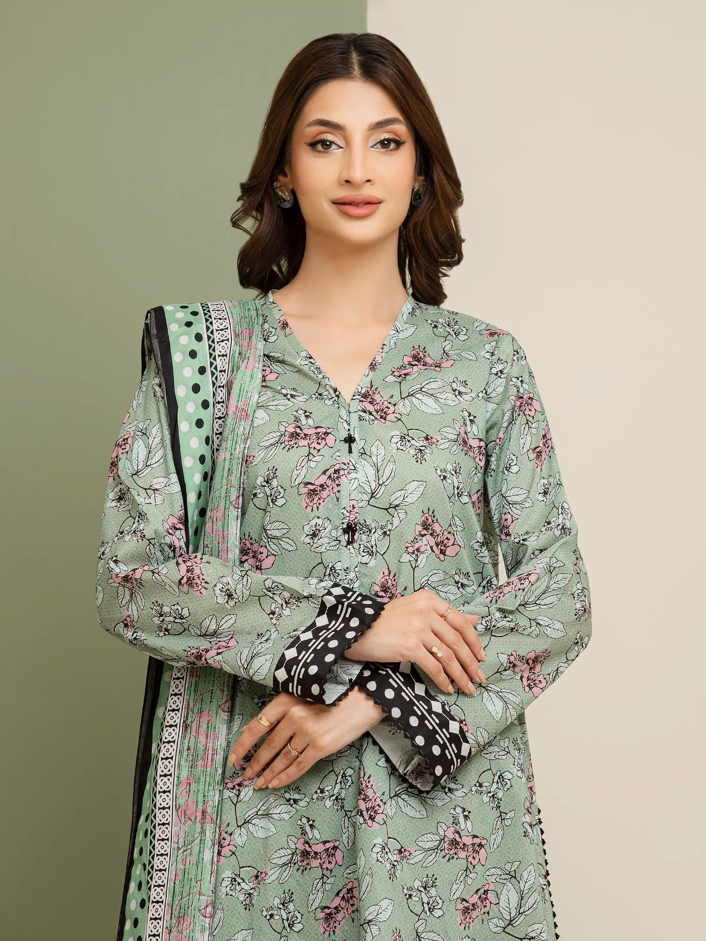3 Piece Unstitched Lawn Suit Sage Green Printed Elegance