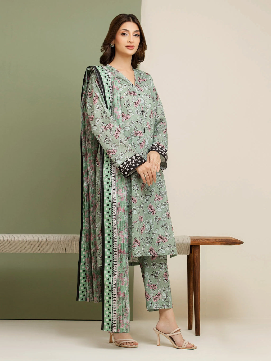 3 Piece Unstitched Lawn Suit Sage Green Printed Elegance
