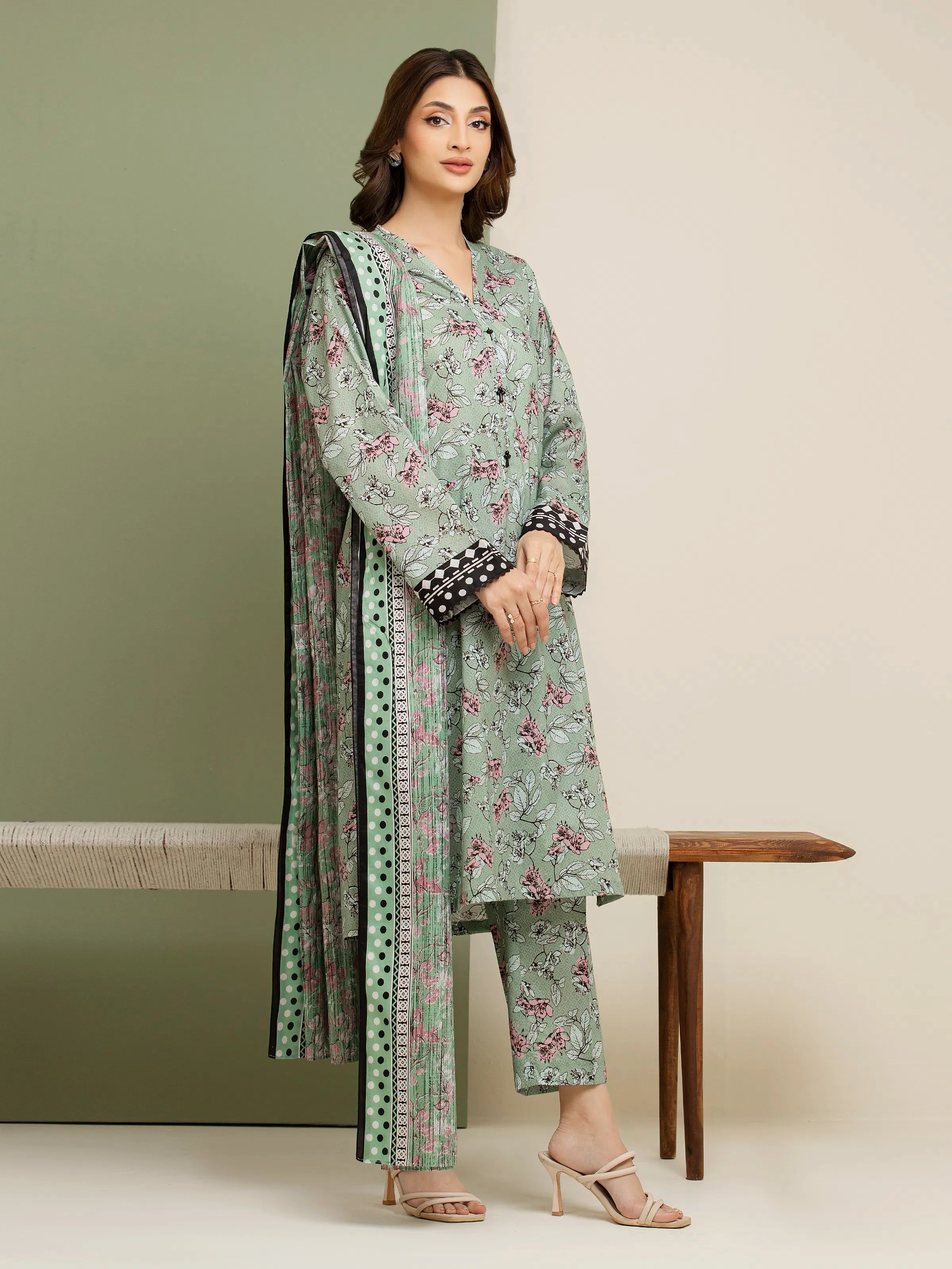 3 Piece Unstitched Lawn Suit Sage Green Printed Elegance
