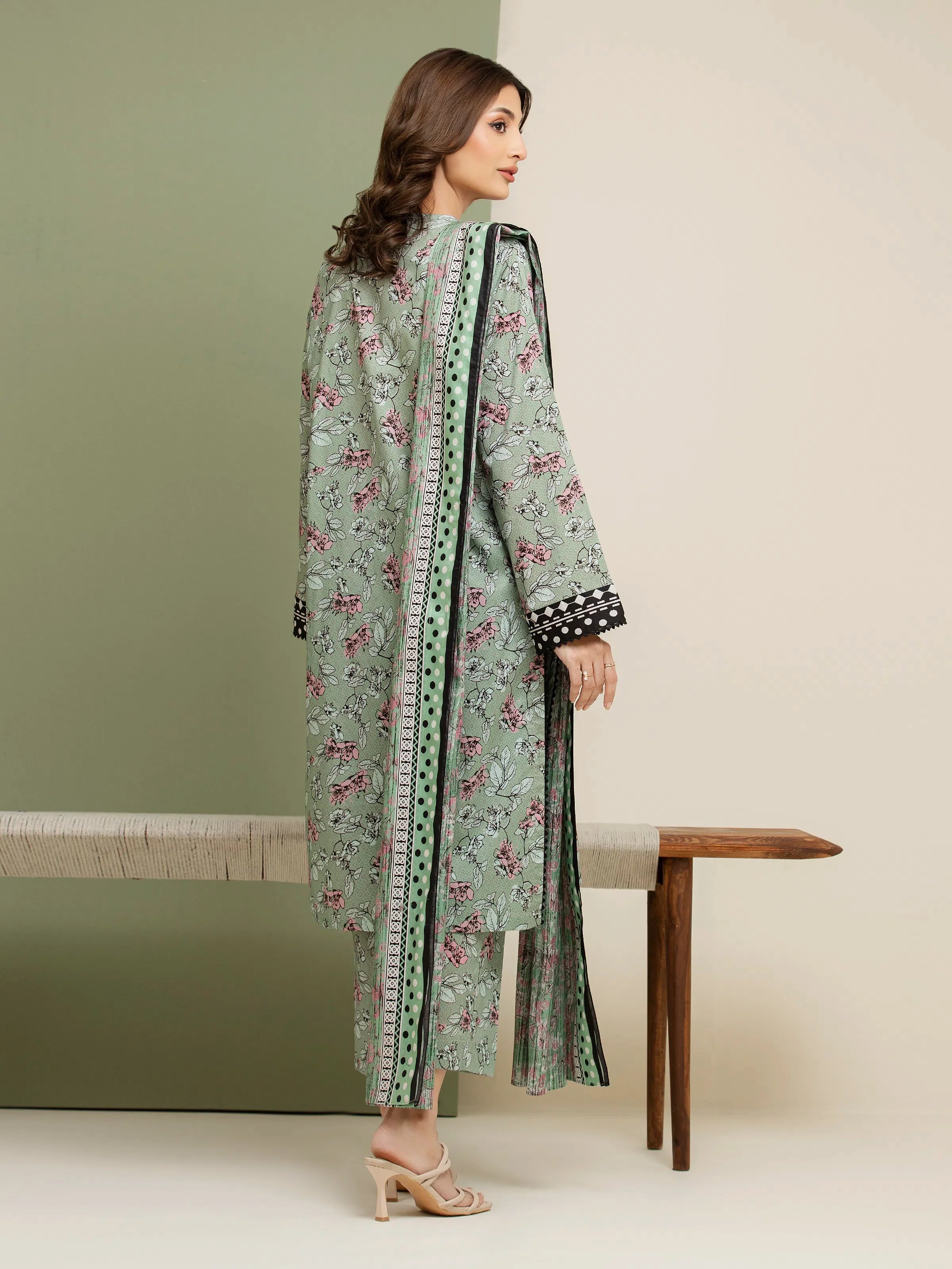 3 Piece Unstitched Lawn Suit Sage Green Printed Elegance